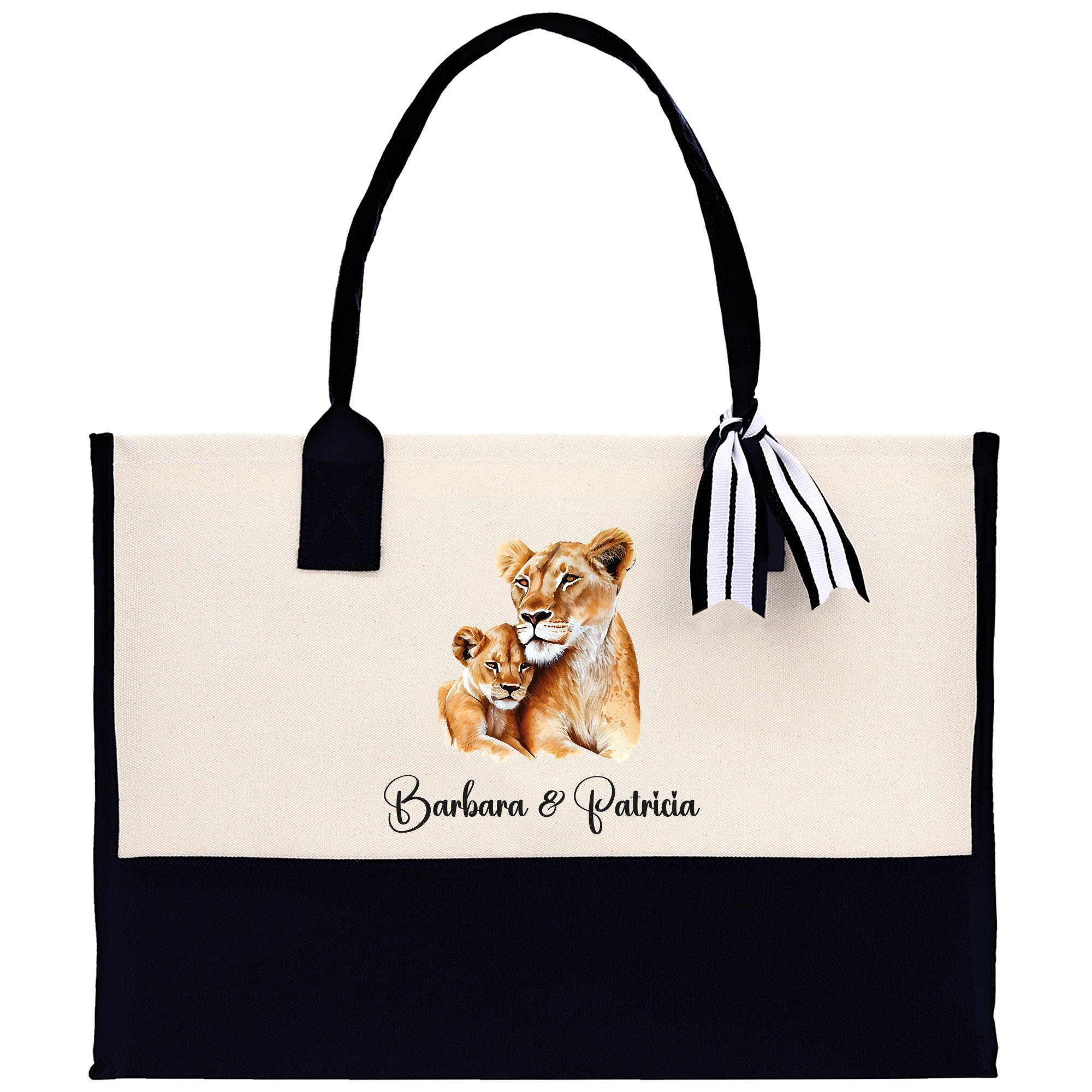 Lion Mom And Baby Name Custom Cotton Canvas Tote Bag Custom Pet Lover Gift Pet Portrait Bag Personalized Pet Owner Gift Tote Bag