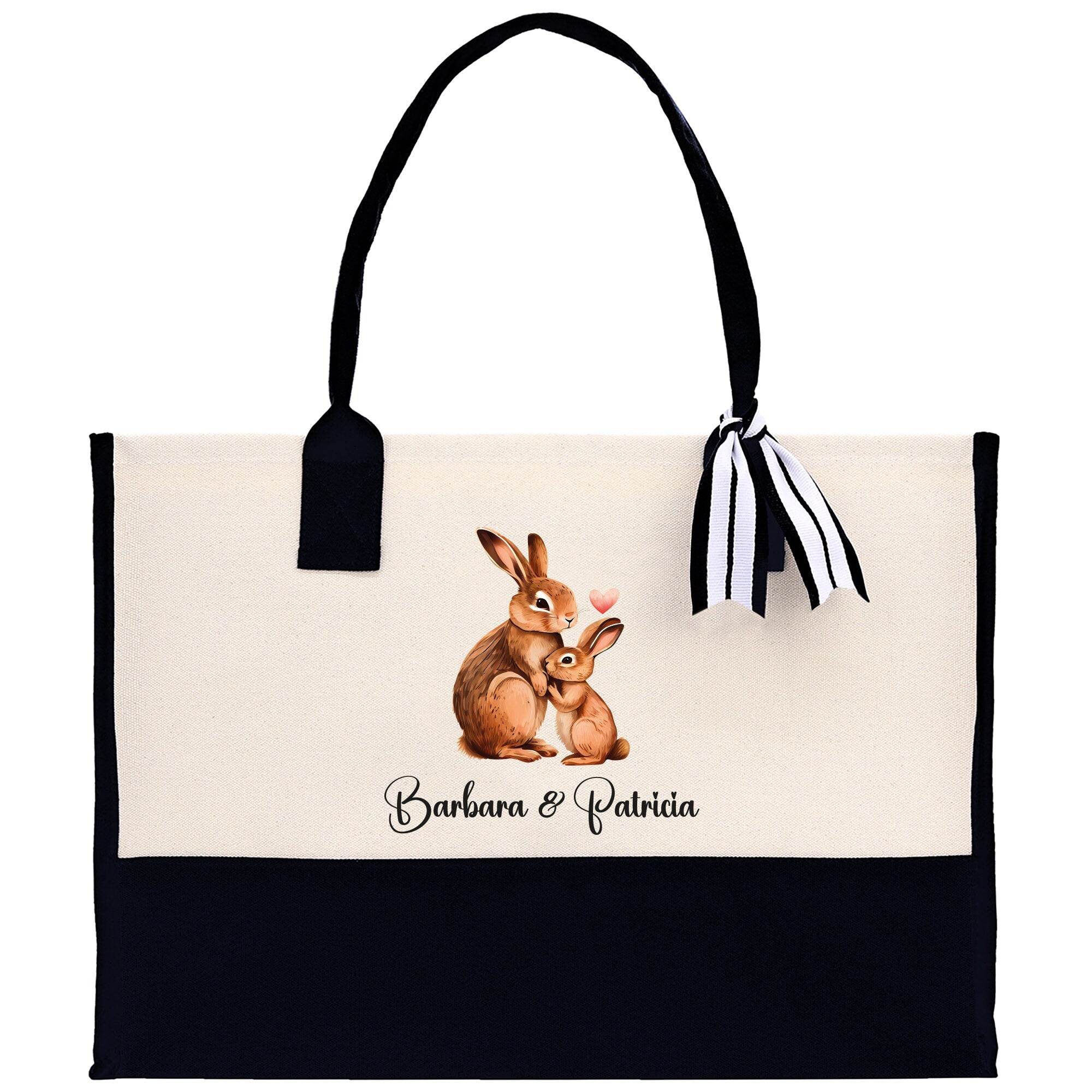 Rabbit Mom And Baby Name Custom Cotton Canvas Tote Bag Custom Pet Lover Gift Pet Portrait Bag Personalized Pet Owner Gift Tote Bag