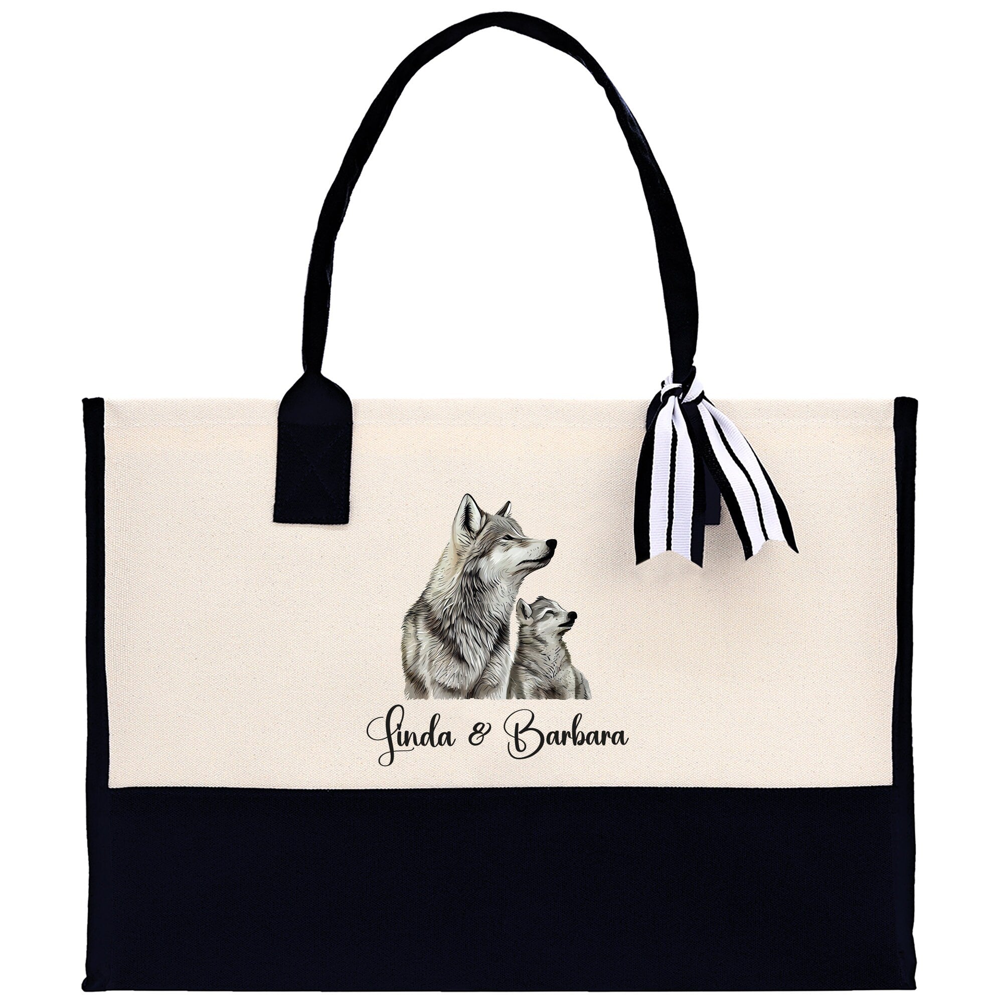 Wolf Mom And Baby Name Custom Cotton Canvas Tote Bag Custom Pet Lover Gift Pet Portrait Bag Personalized Pet Owner Gift Tote Bag