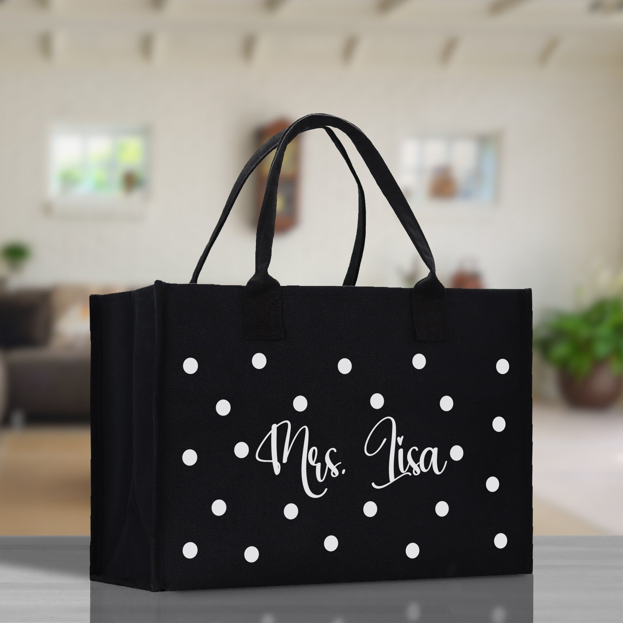 Polka Dot Mrs. Last Name Tote Bag Personalized Date Wedding Tote Bridal Shower Gift Honeymoon Gift Customized Wedding Gift Bridesmaid Gift