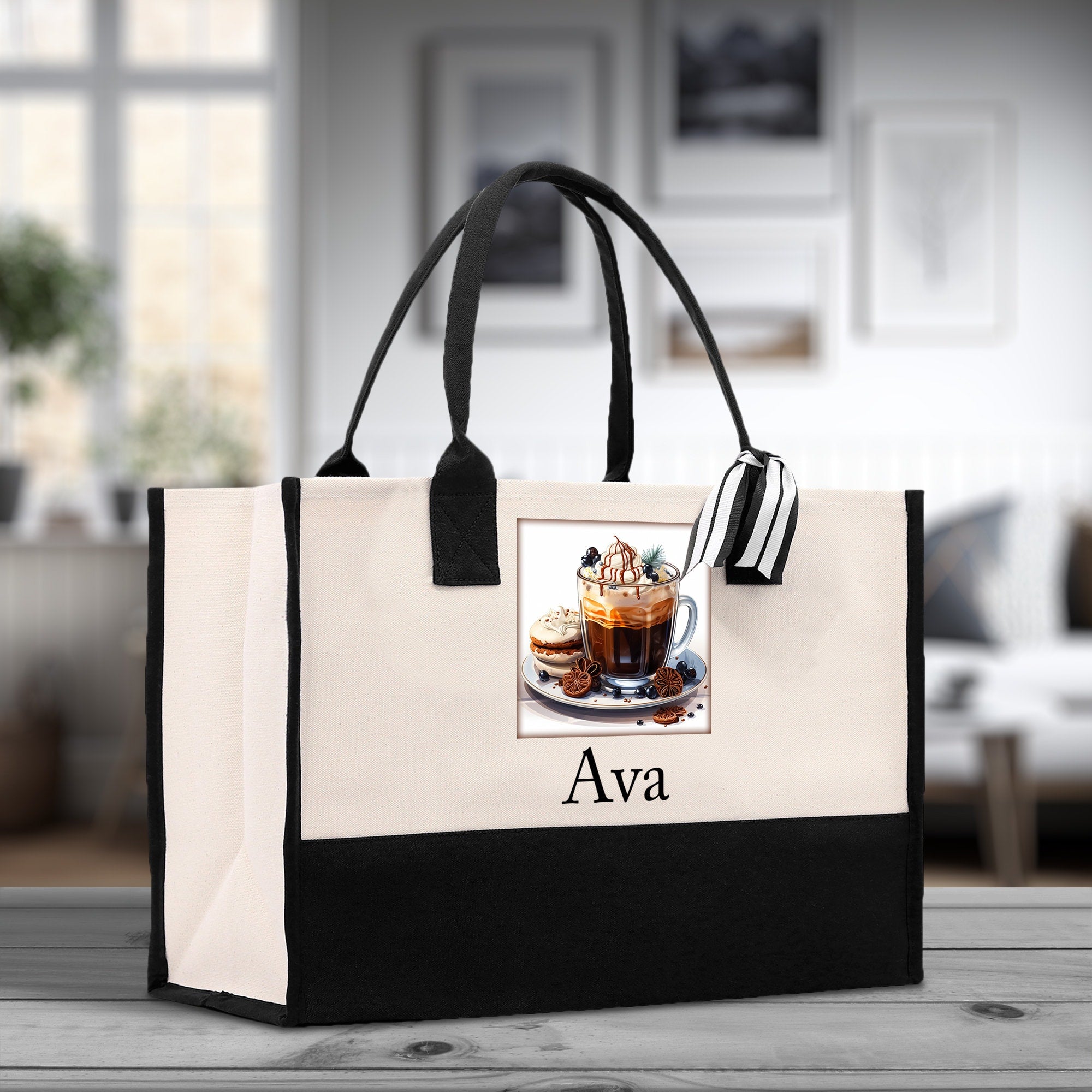 Cute Hot Cocoa and Cookies Custom Name Cotton Canvas Tote Bag Personalized Christmas Party Invitation Bag Xmas Gift Holiday Party Invite Bag