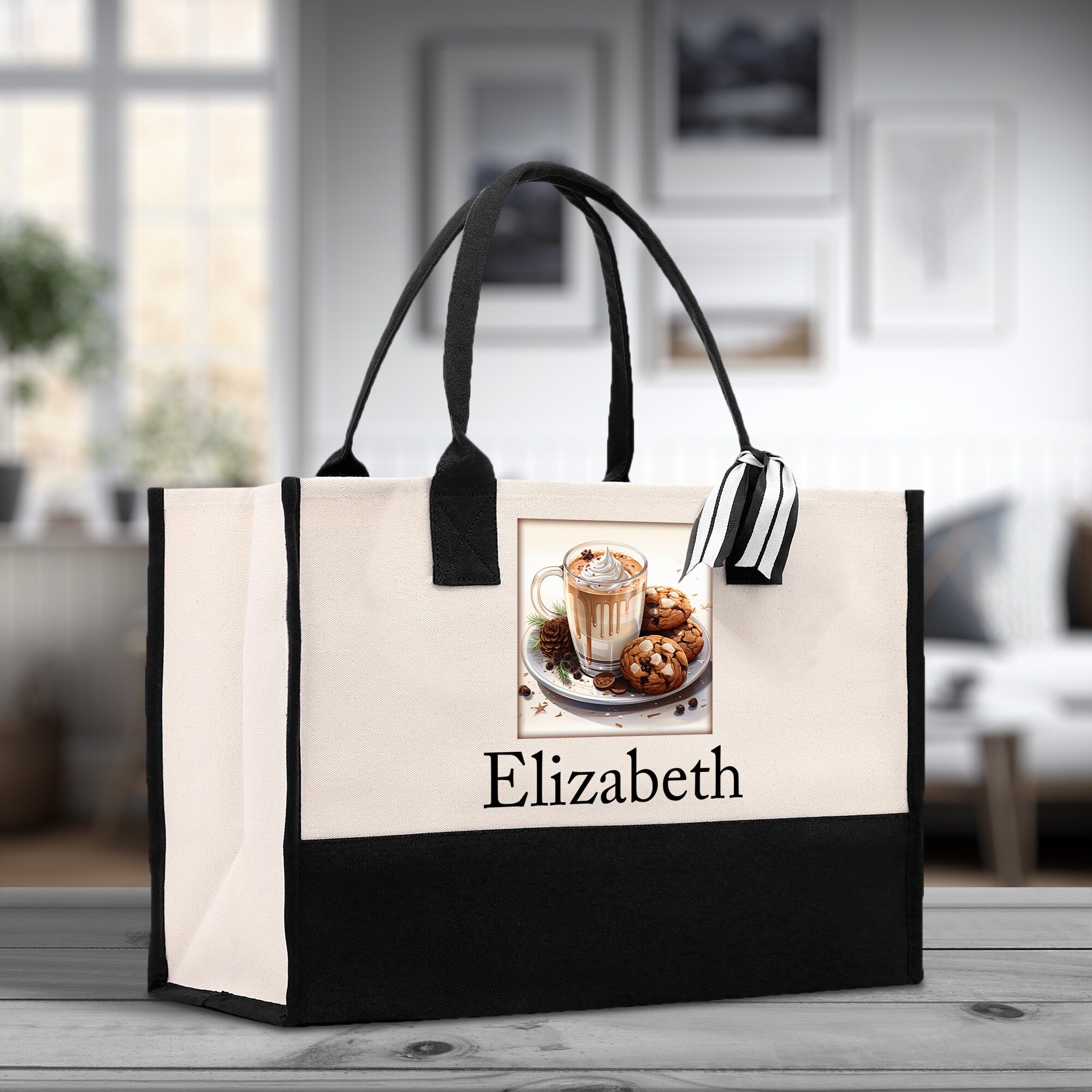 Cute Hot Cocoa and Cookies Custom Name Cotton Canvas Tote Bag Personalized Christmas Party Invitation Bag Xmas Gift Holiday Party Invite Bag