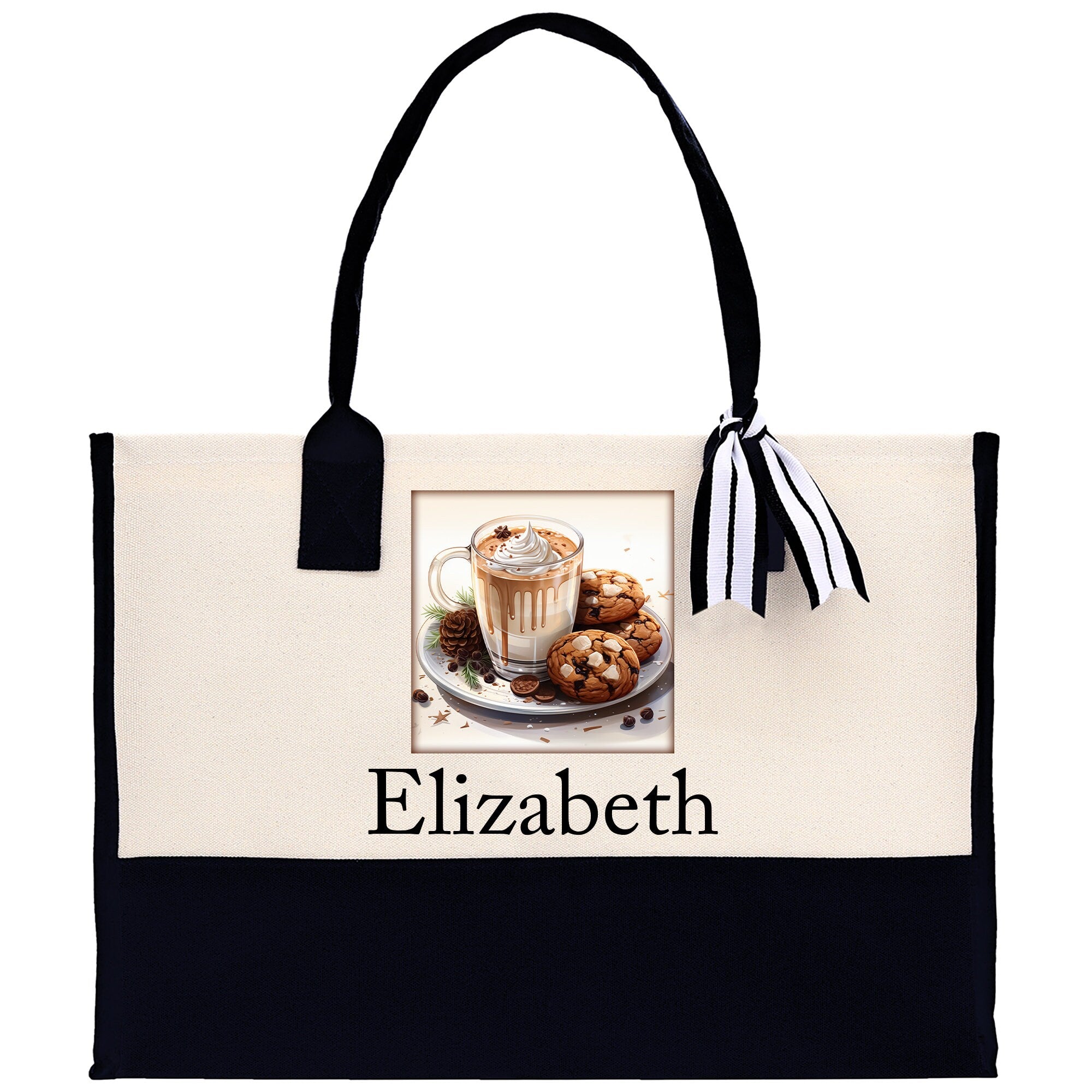 Cute Hot Cocoa and Cookies Custom Name Cotton Canvas Tote Bag Personalized Christmas Party Invitation Bag Xmas Gift Holiday Party Invite Bag