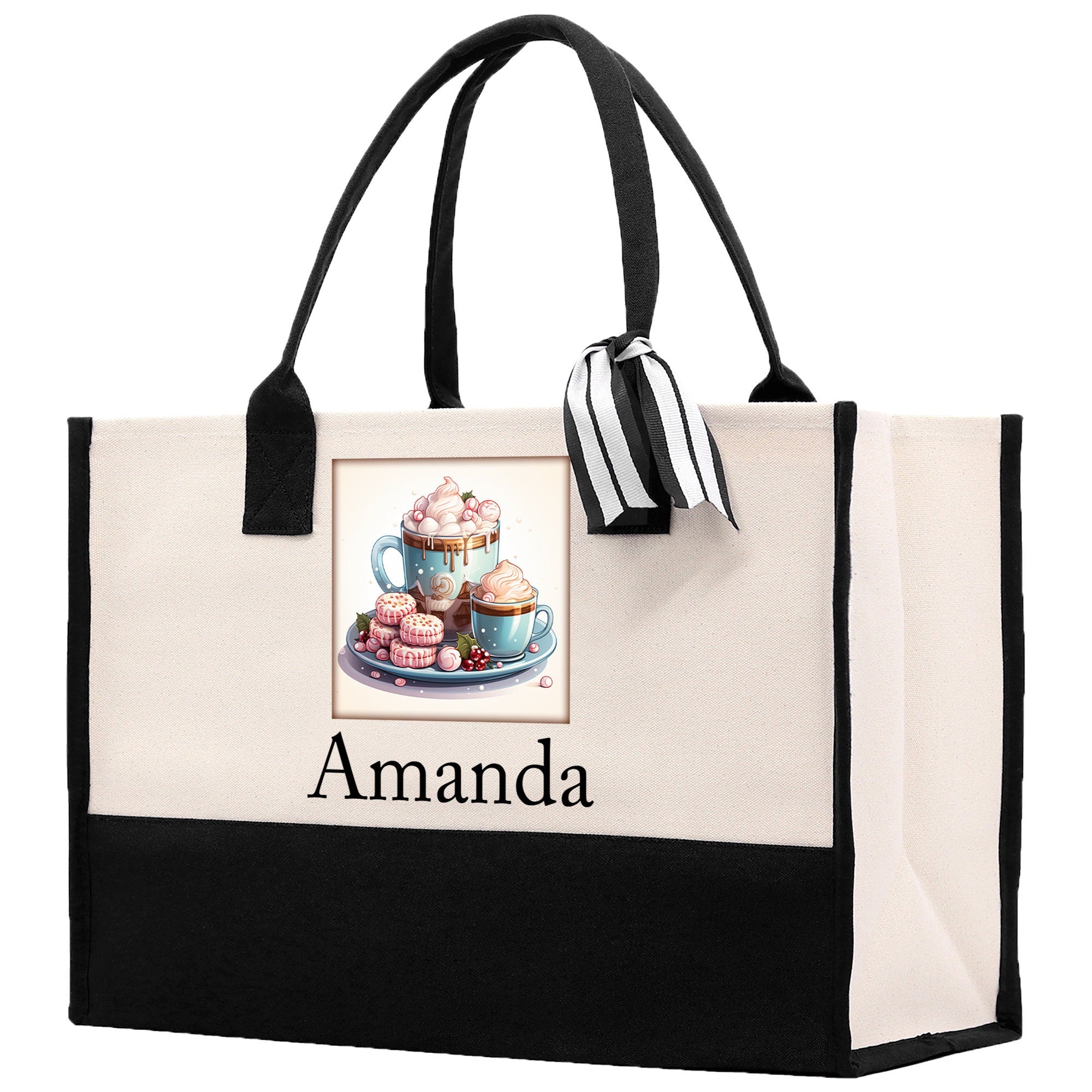 Cute Hot Cocoa and Cookies Custom Name Cotton Canvas Tote Bag Personalized Christmas Party Invitation Bag Xmas Gift Holiday Party Invite Bag