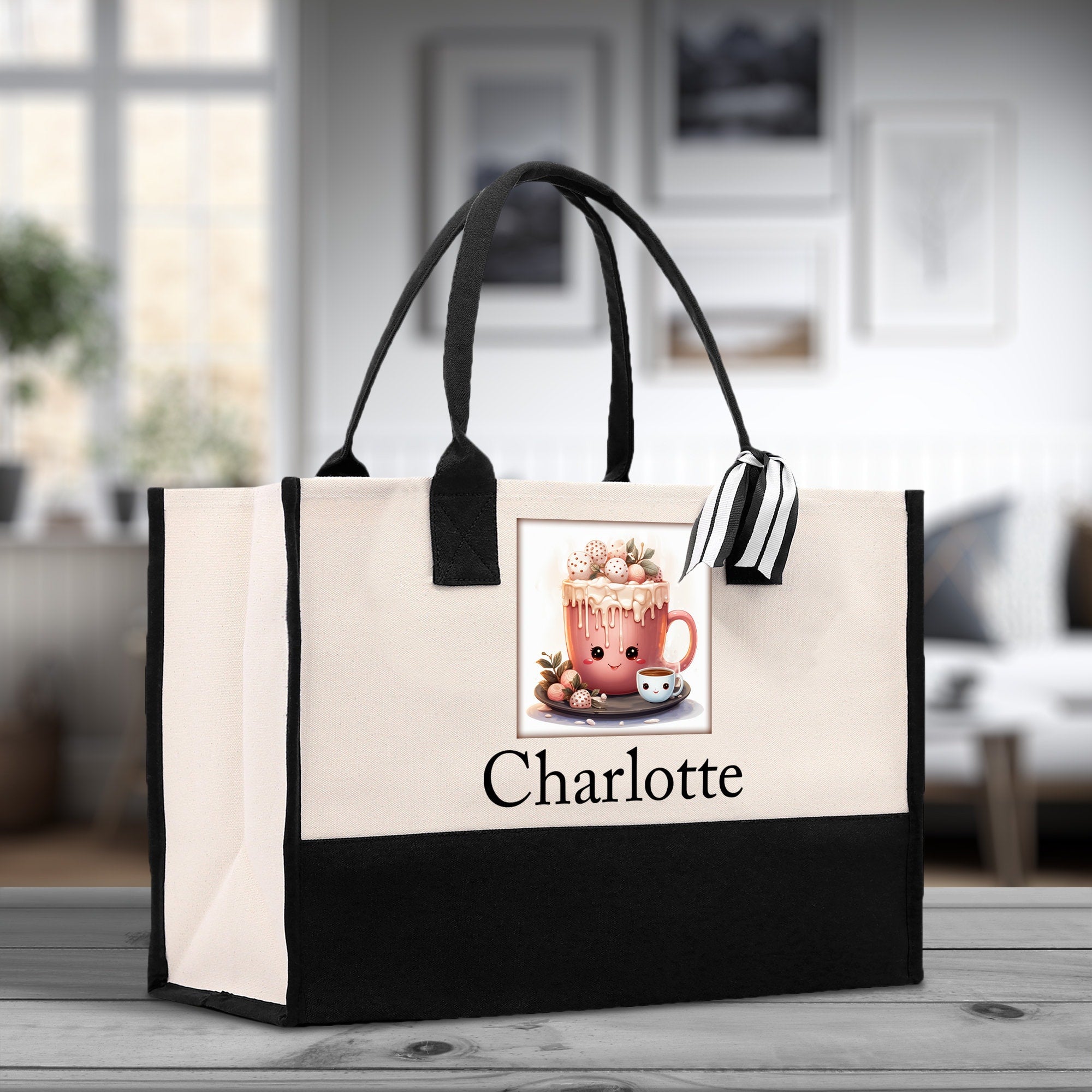 Cute Hot Cocoa and Cookies Custom Name Cotton Canvas Tote Bag Personalized Christmas Party Invitation Bag Xmas Gift Holiday Party Invite Bag