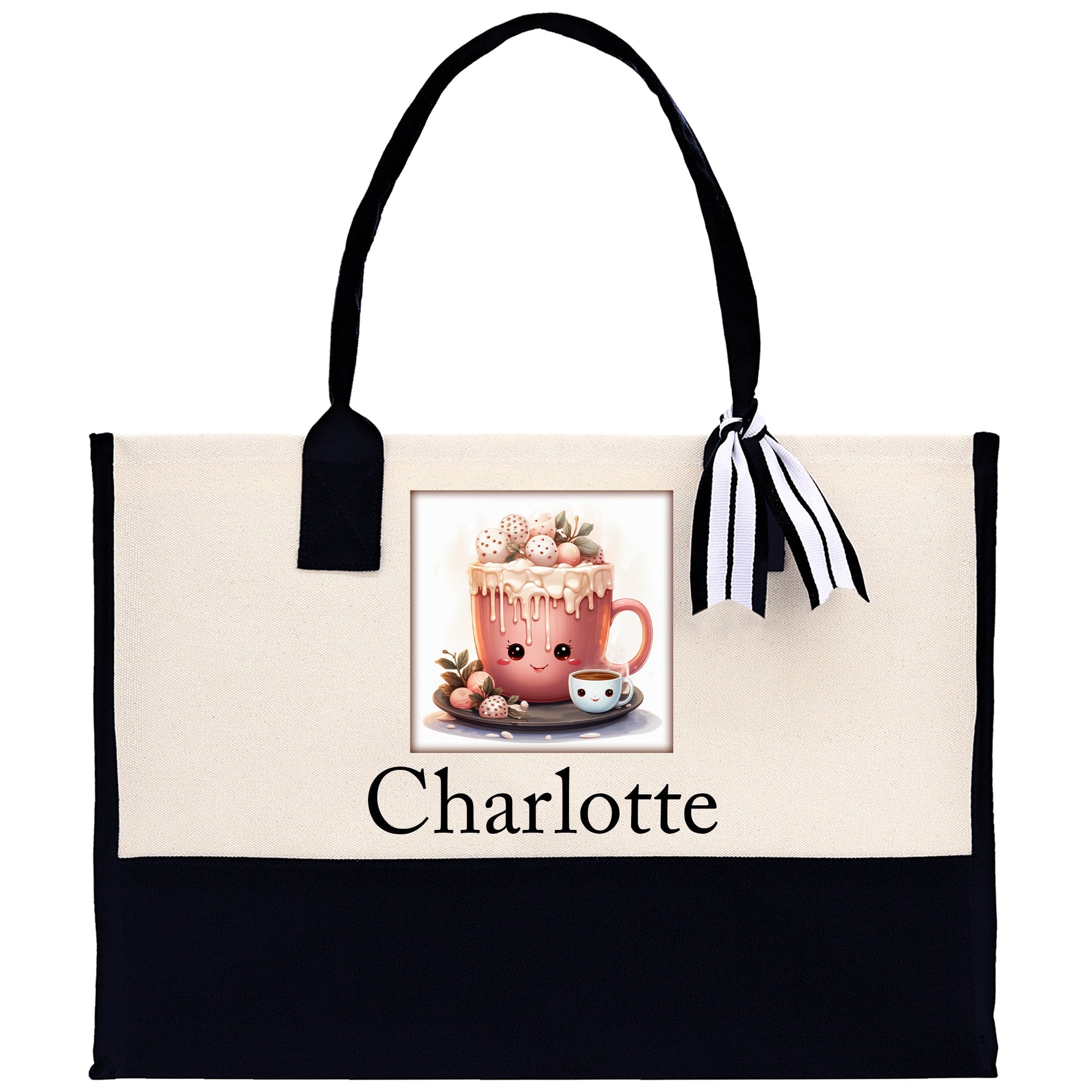 Cute Hot Cocoa and Cookies Custom Name Cotton Canvas Tote Bag Personalized Christmas Party Invitation Bag Xmas Gift Holiday Party Invite Bag