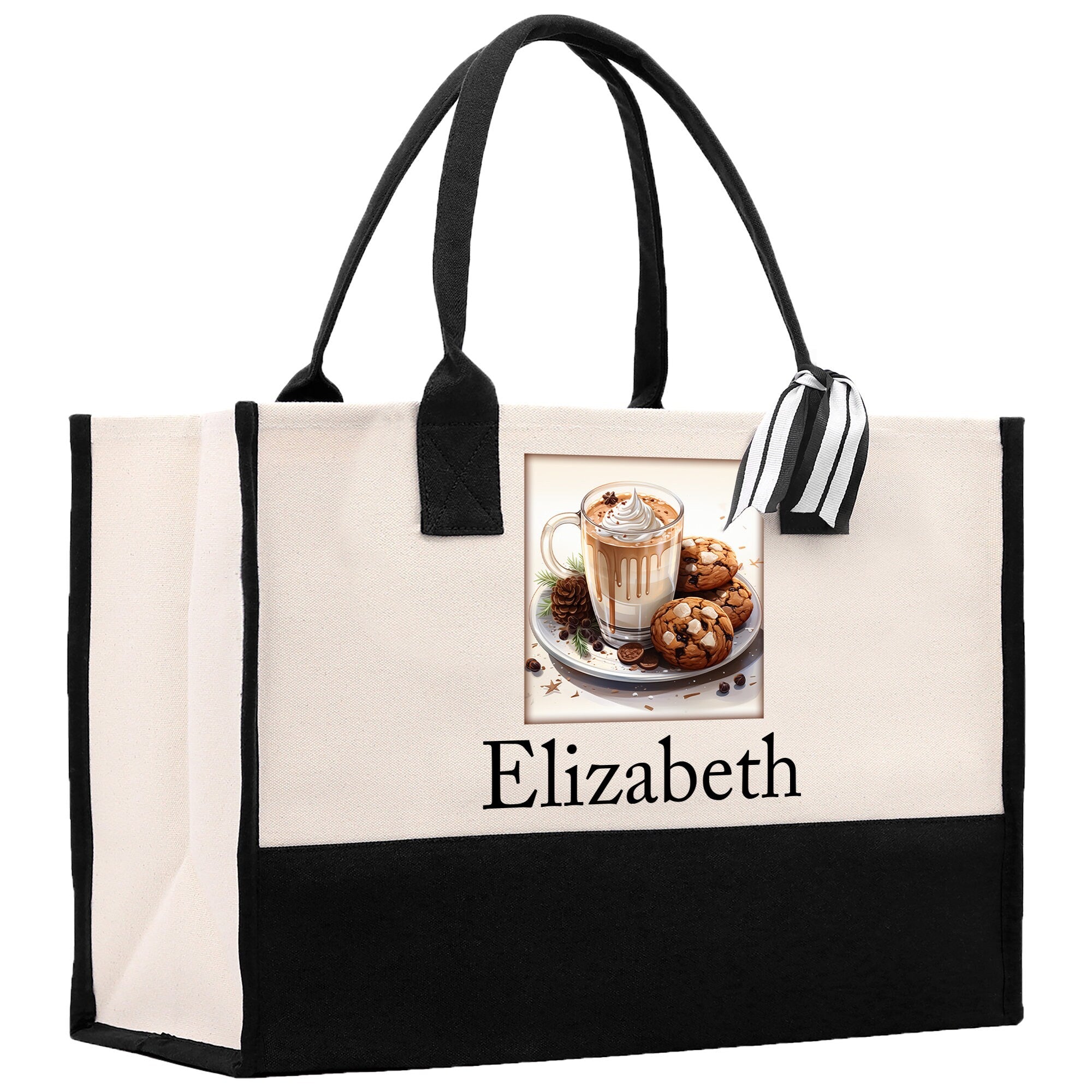 Cute Hot Cocoa and Cookies Custom Name Cotton Canvas Tote Bag Personalized Christmas Party Invitation Bag Xmas Gift Holiday Party Invite Bag