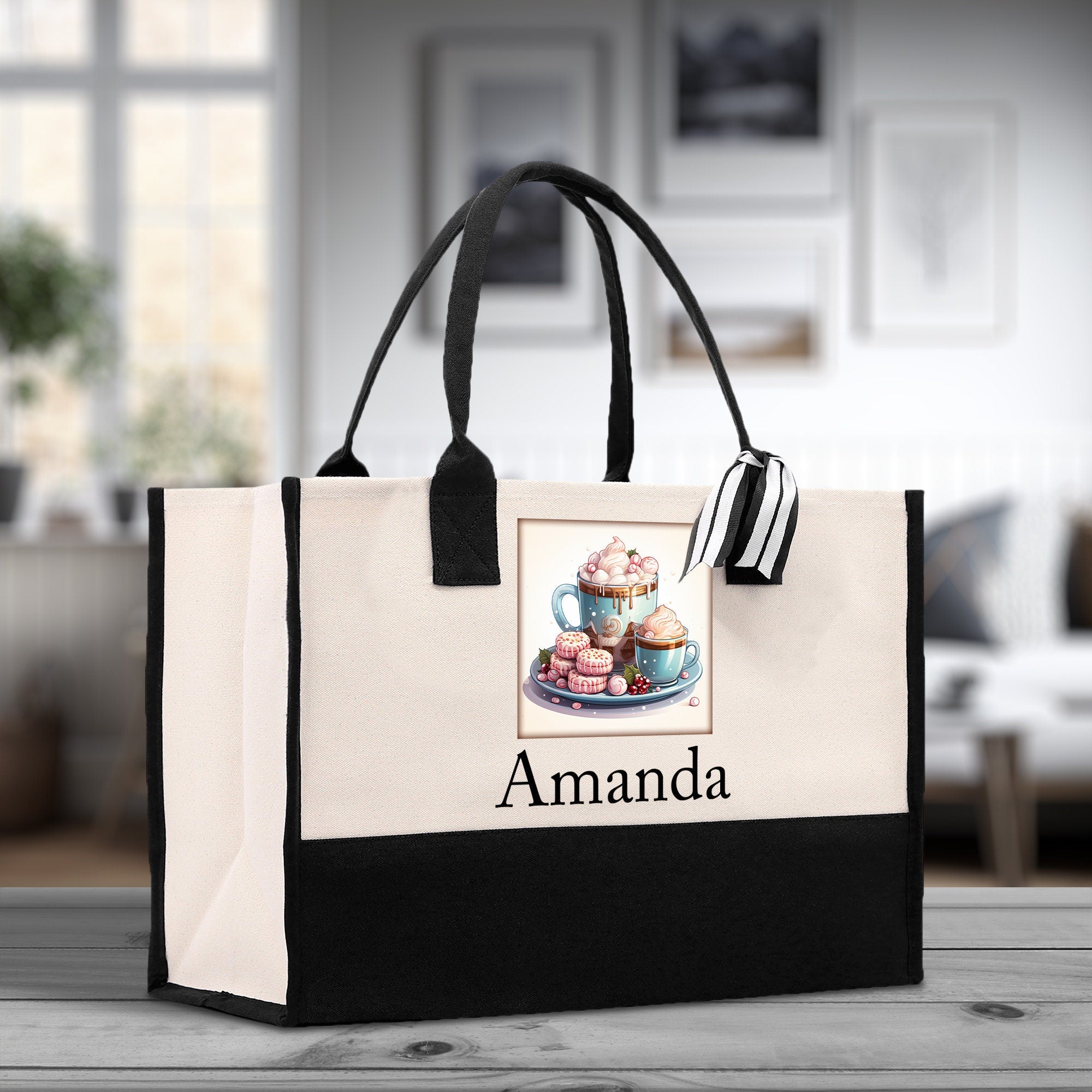 Cute Hot Cocoa and Cookies Custom Name Cotton Canvas Tote Bag Personalized Christmas Party Invitation Bag Xmas Gift Holiday Party Invite Bag