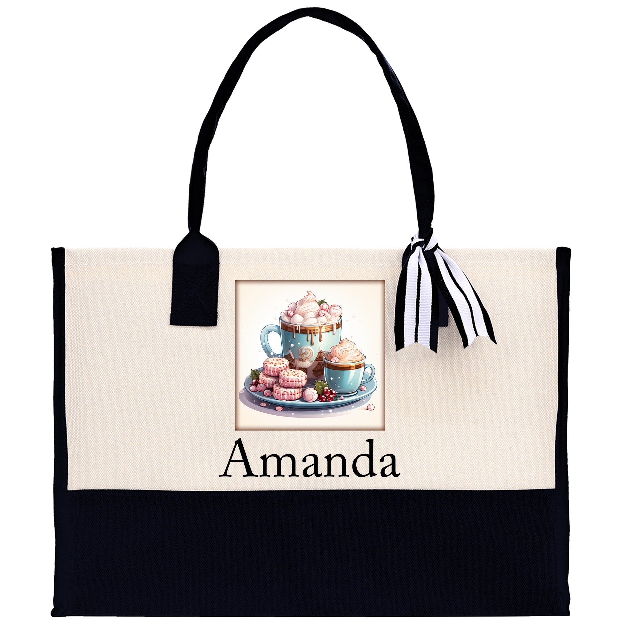 Cute Hot Cocoa and Cookies Custom Name Cotton Canvas Tote Bag Personalized Christmas Party Invitation Bag Xmas Gift Holiday Party Invite Bag