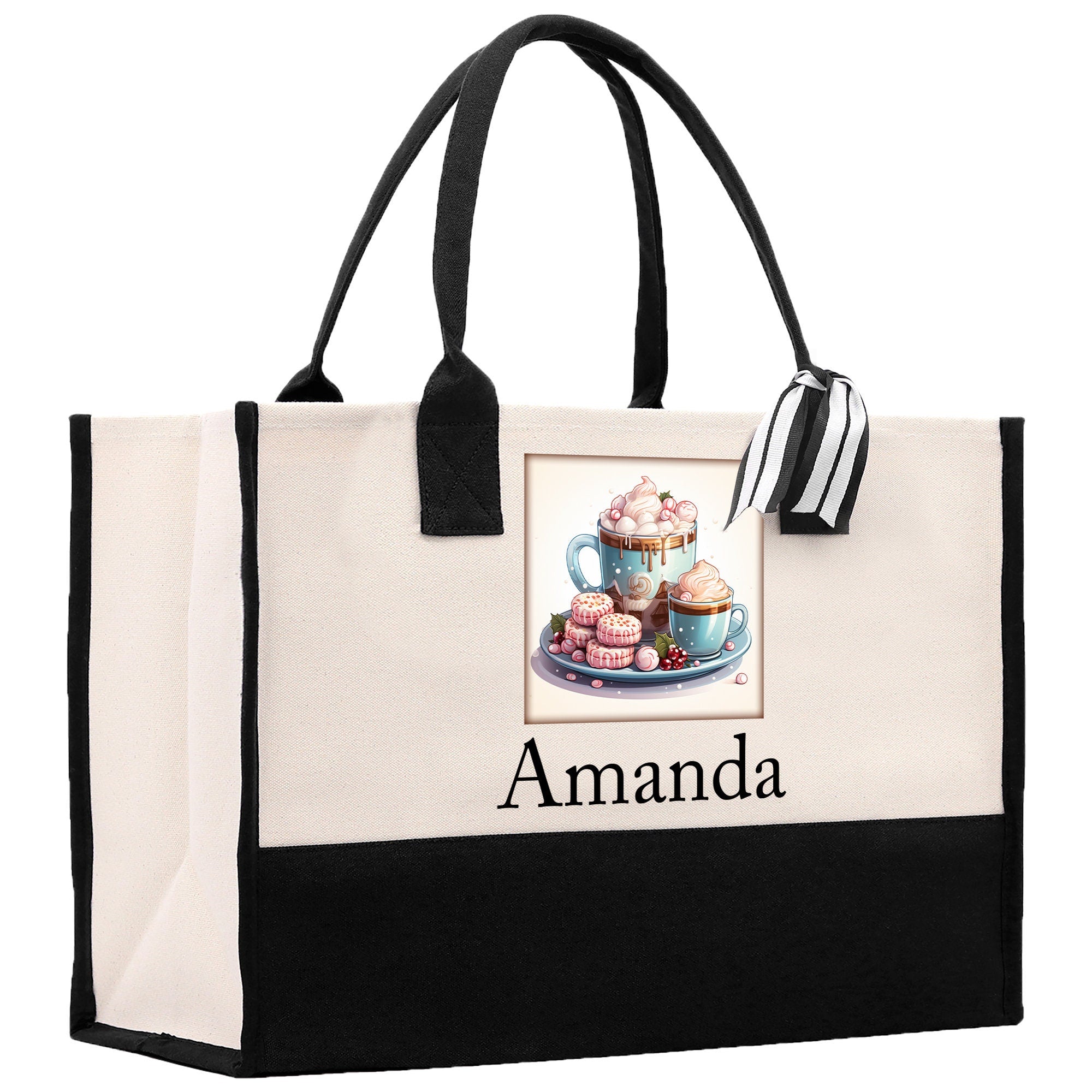 Cute Hot Cocoa and Cookies Custom Name Cotton Canvas Tote Bag Personalized Christmas Party Invitation Bag Xmas Gift Holiday Party Invite Bag