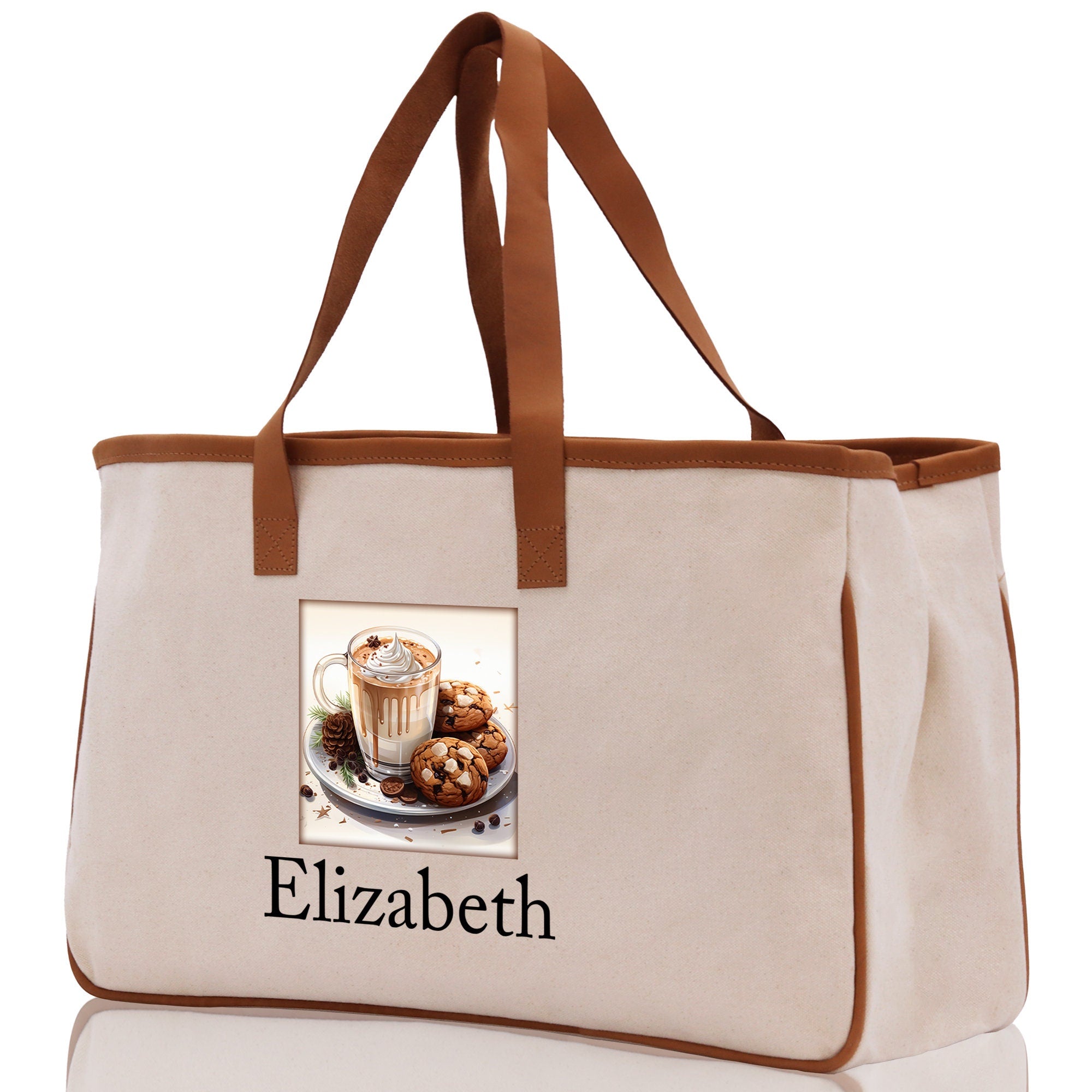 Cute Hot Cocoa and Cookies Custom Name Cotton Canvas Tote Bag Personalized Christmas Party Invitation Bag Xmas Gift Holiday Party Invite Bag