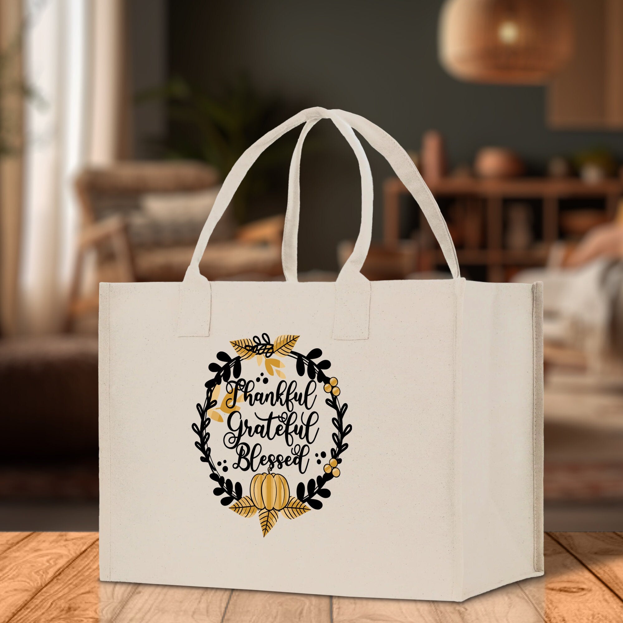 Thankful Grateful Blessed Cotton Canvas Tote Bag Thanksgiving Bag Autumn Fall Vibes Bag Motivational Bag Blessed Bag Fall Market Grocery Bag