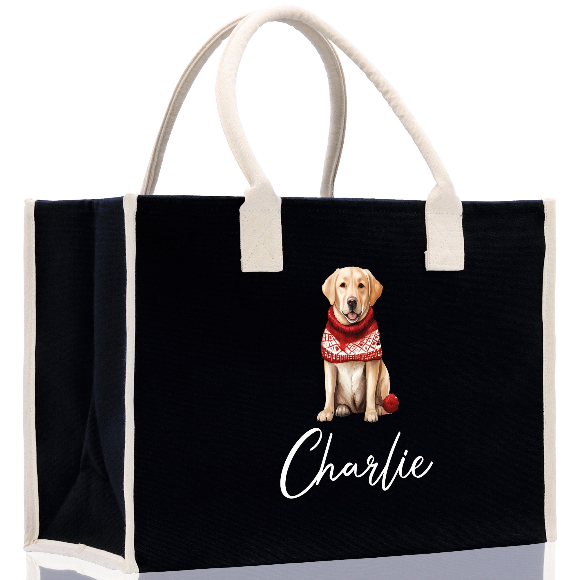 a black shopping bag with a picture of a dog on it