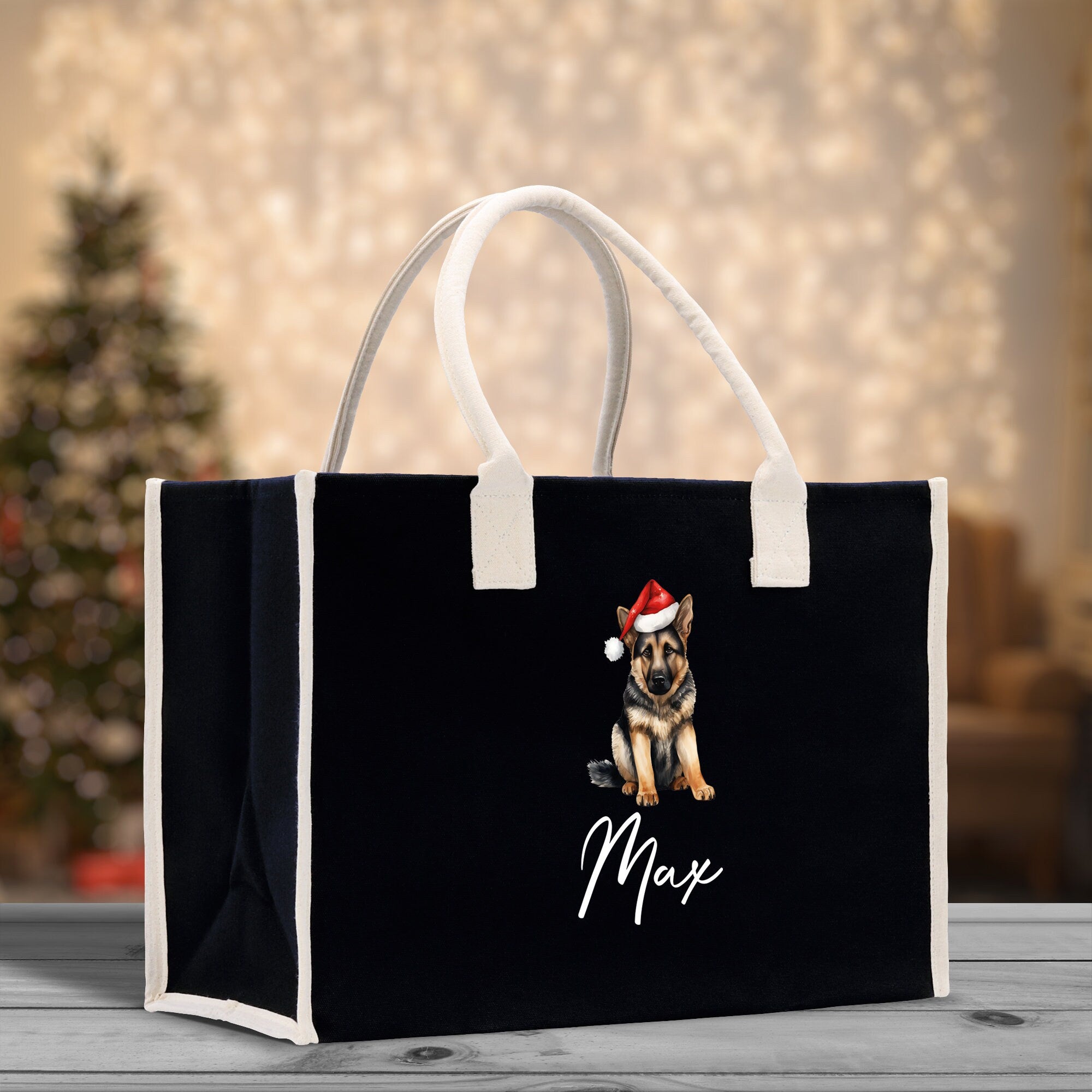 a black shopping bag with a german shepard dog wearing a santa hat