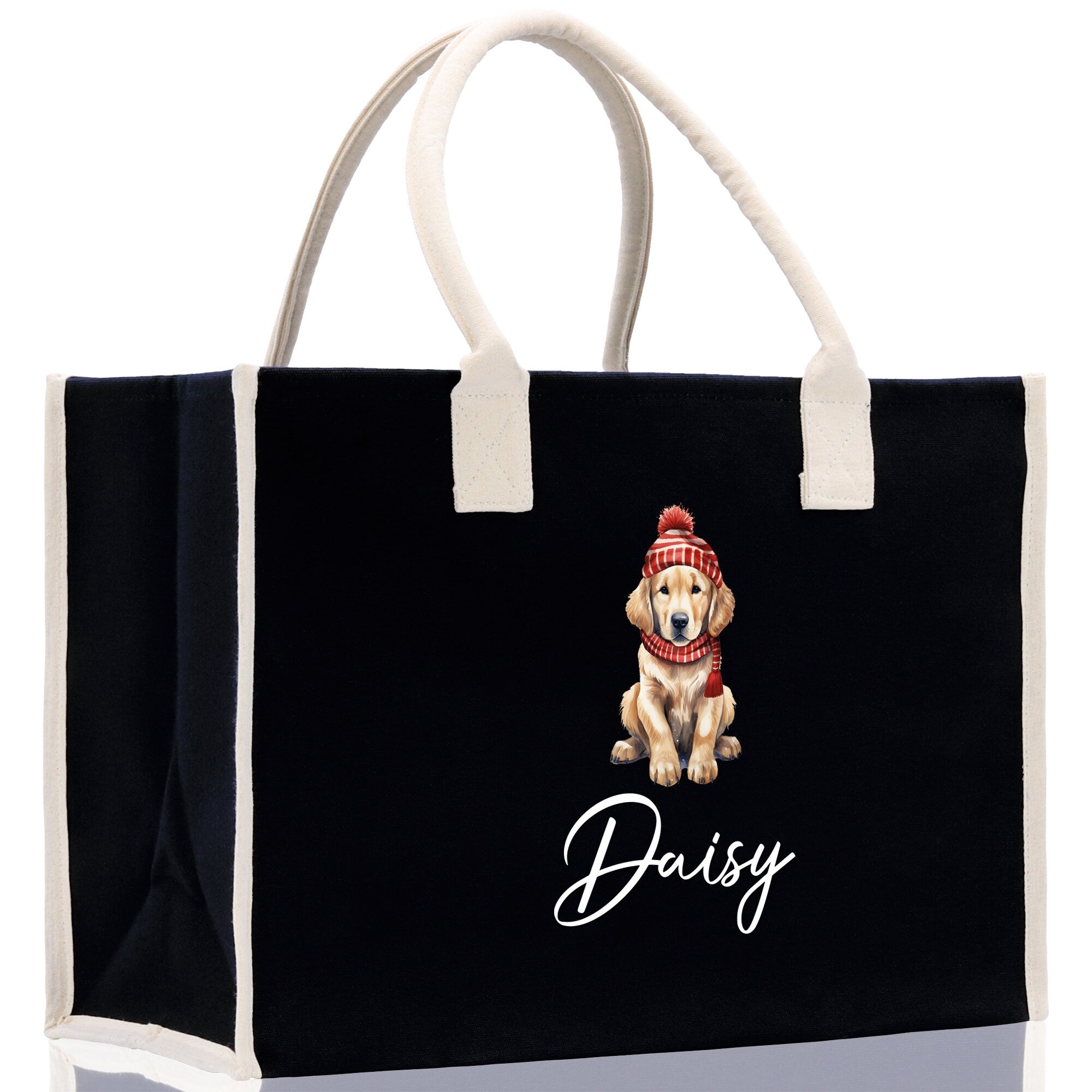 a black shopping bag with a dog on it