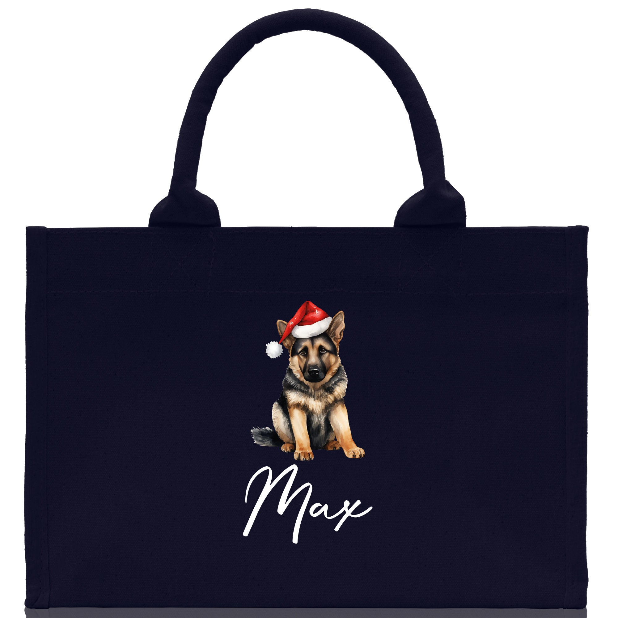 a black bag with a dog wearing a santa hat