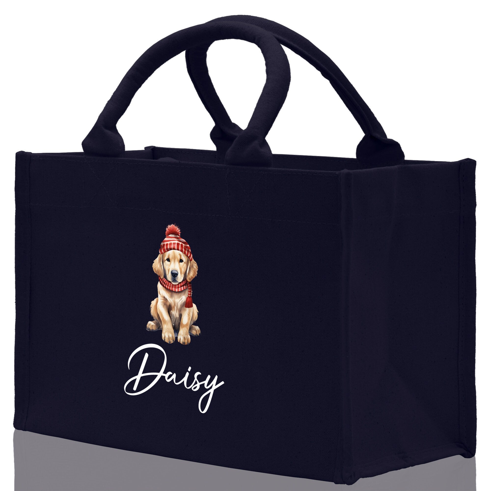 a black shopping bag with a picture of a dog on it