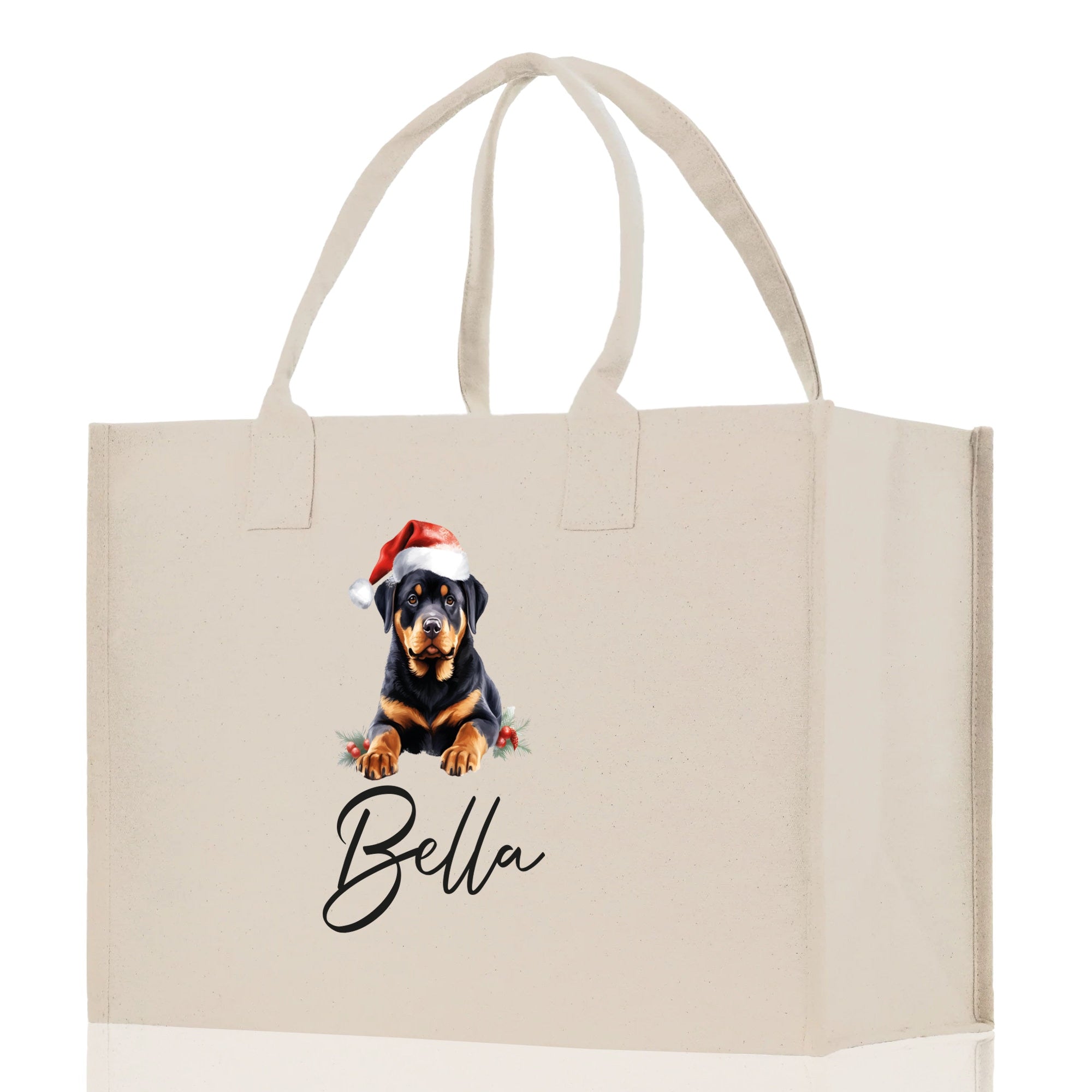 a bag with a picture of a dog wearing a santa hat