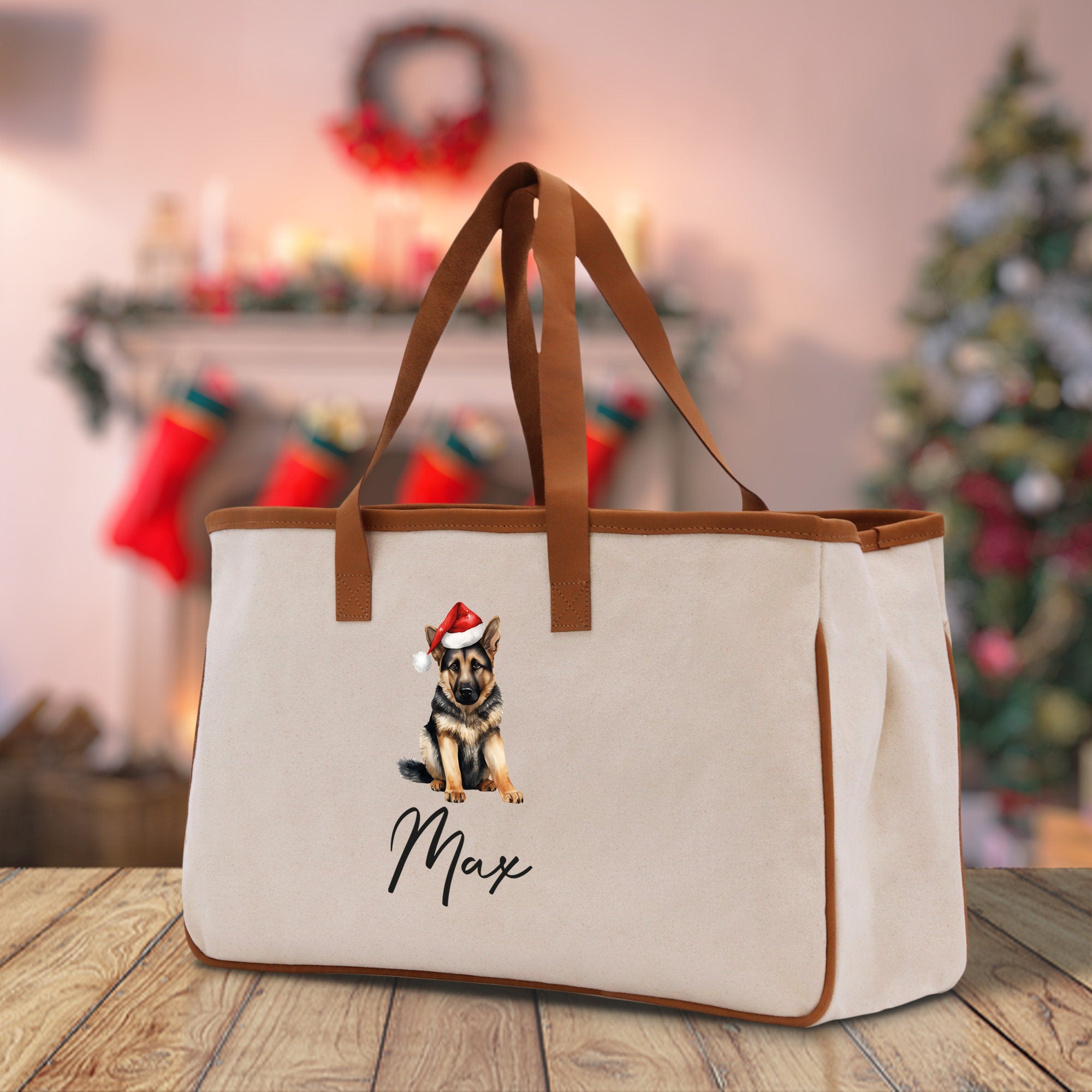 a white bag with a picture of a dog on it