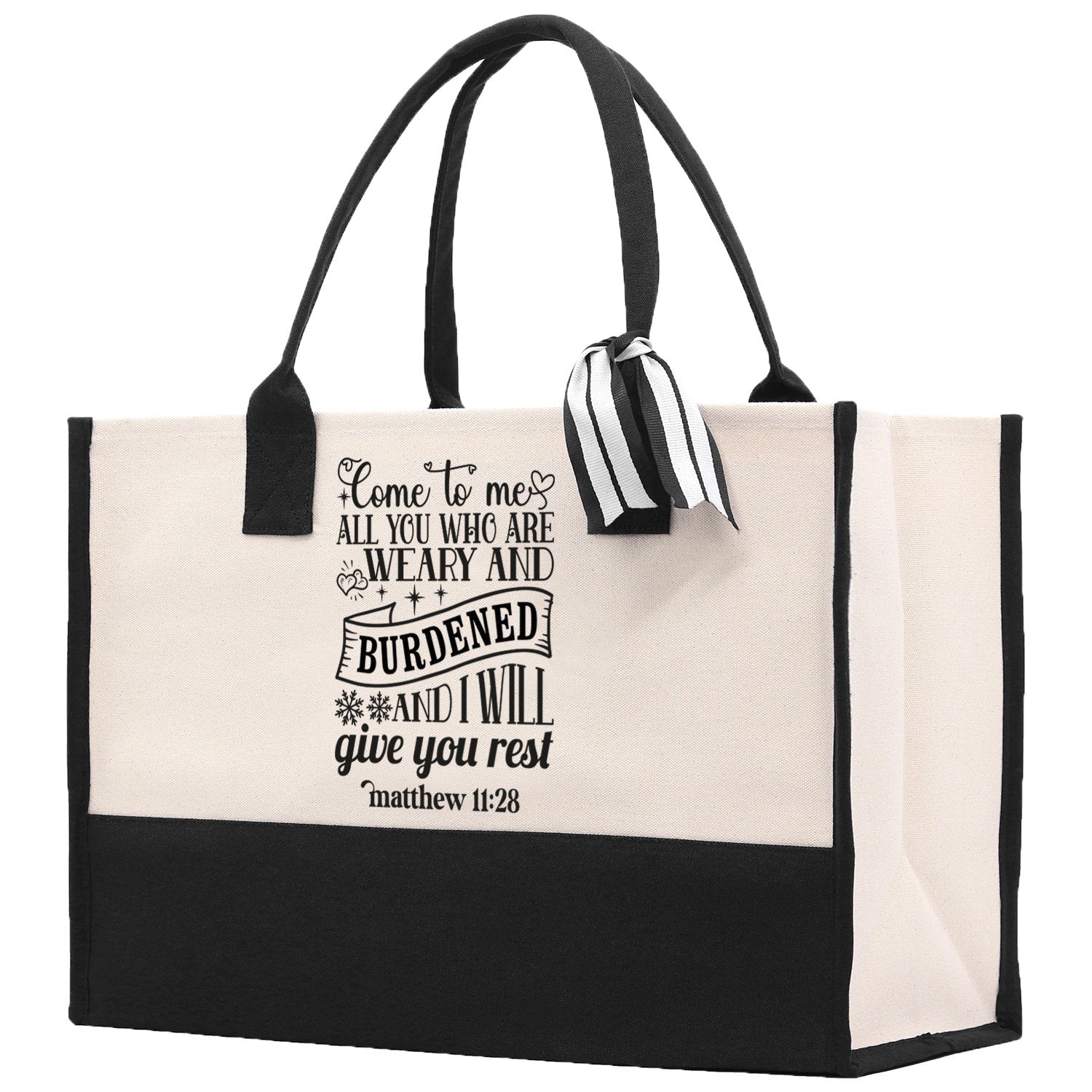 a black and white tote bag with a ribbon on it