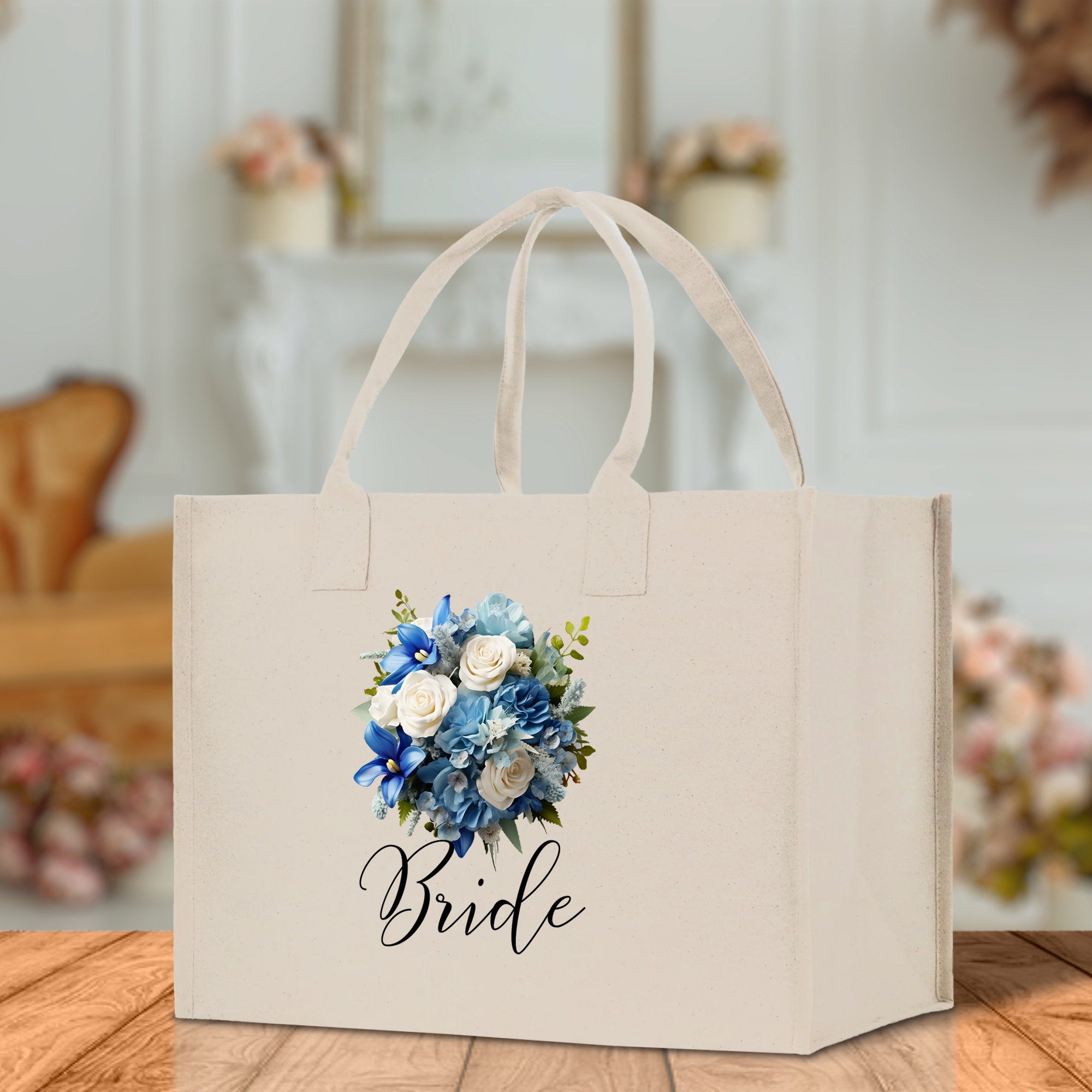 a white bag with a bouquet of flowers on it