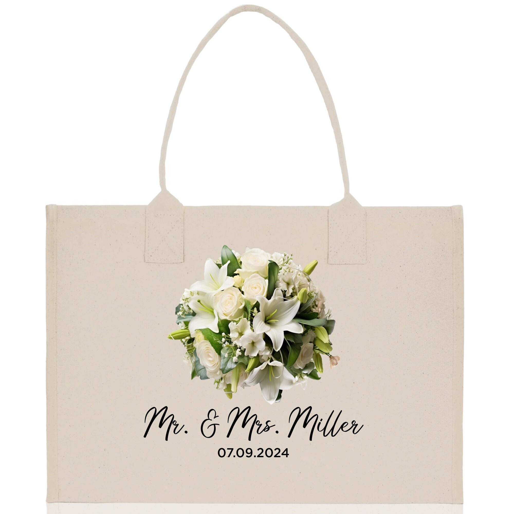 a white bag with a bouquet of flowers on it