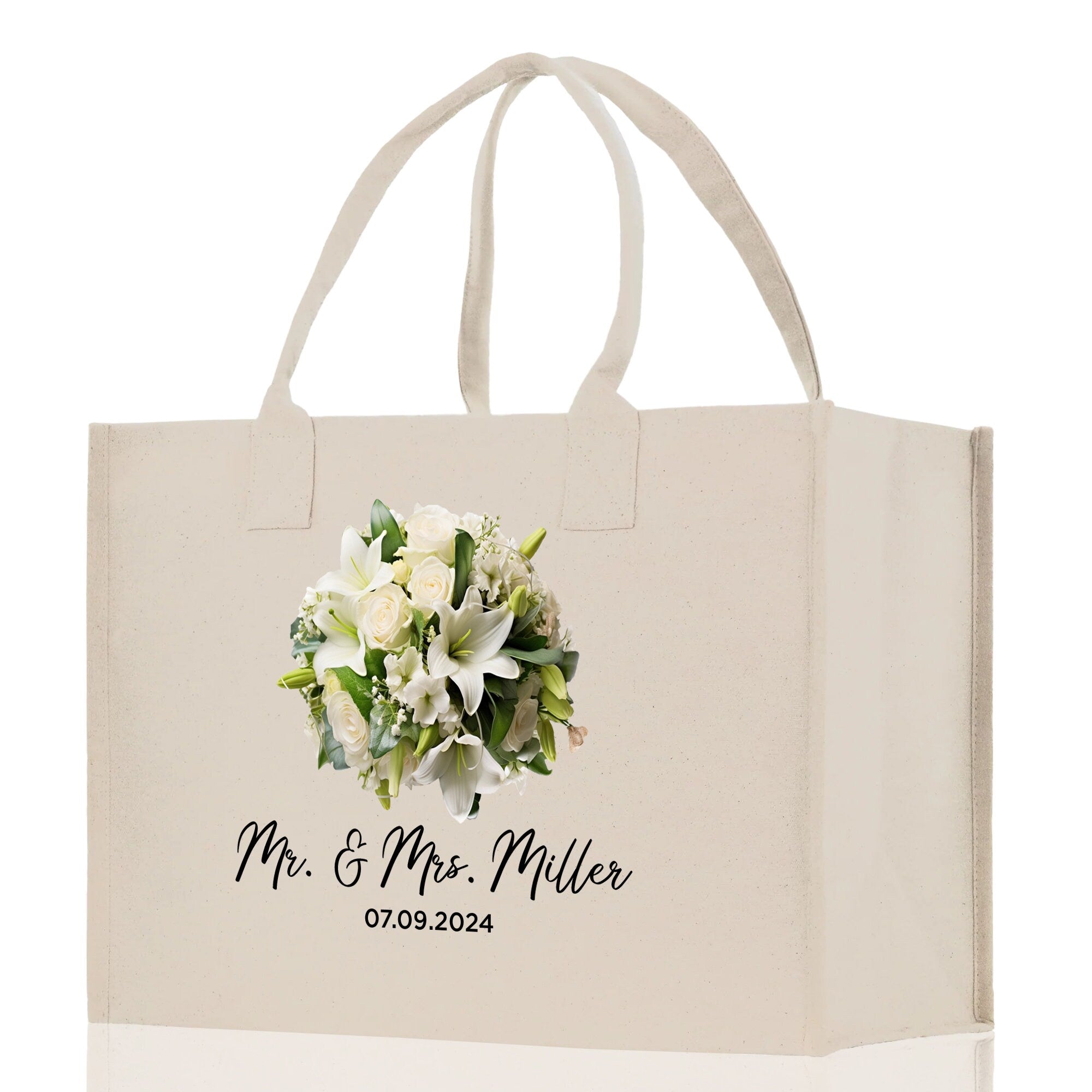 a white bag with a bouquet of flowers on it