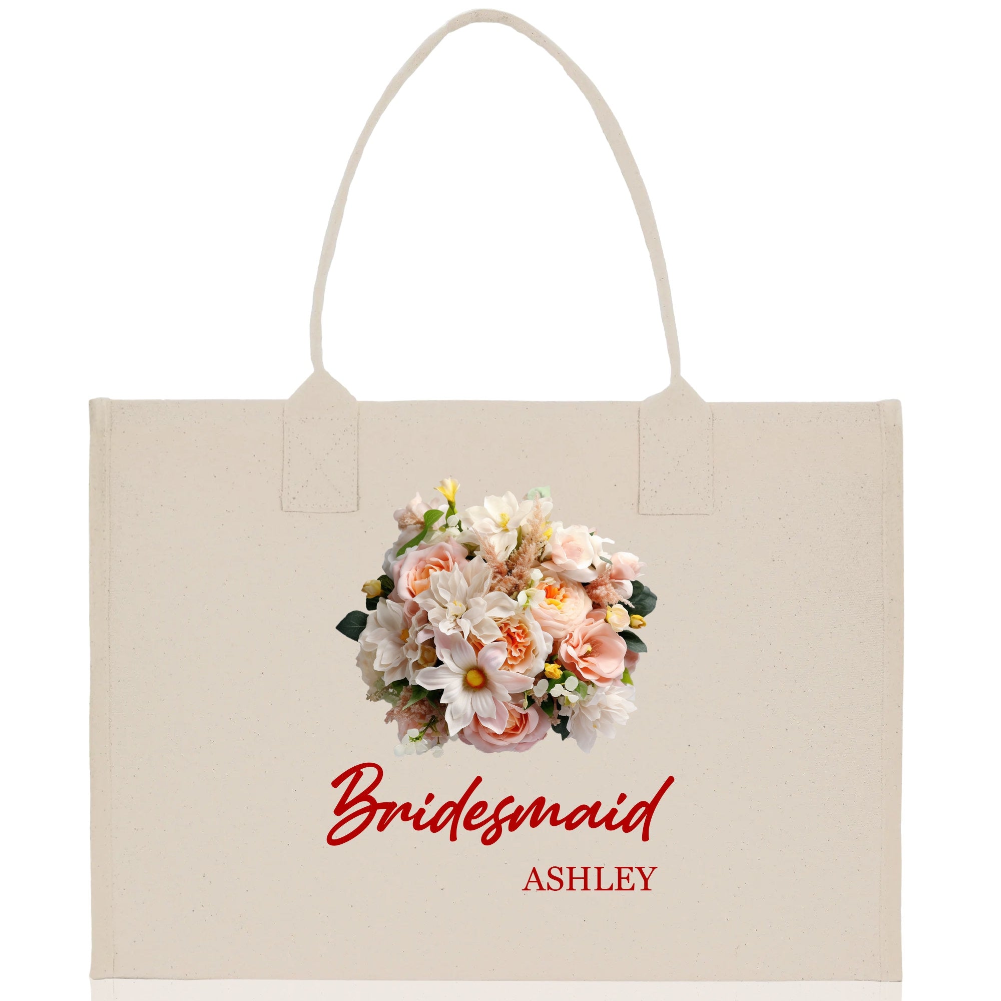 a white bag with a bouquet of flowers on it