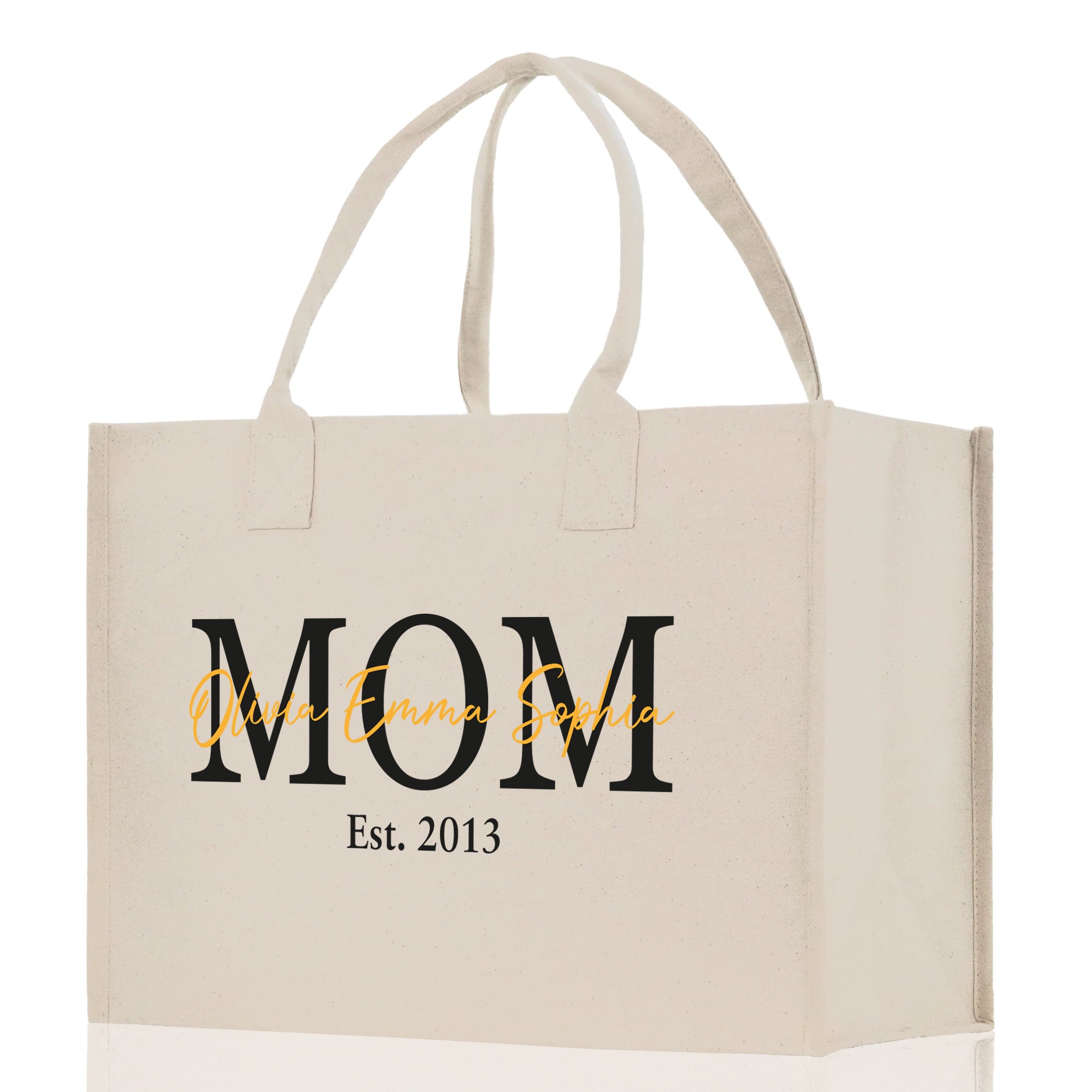 a white shopping bag with the word mom printed on it