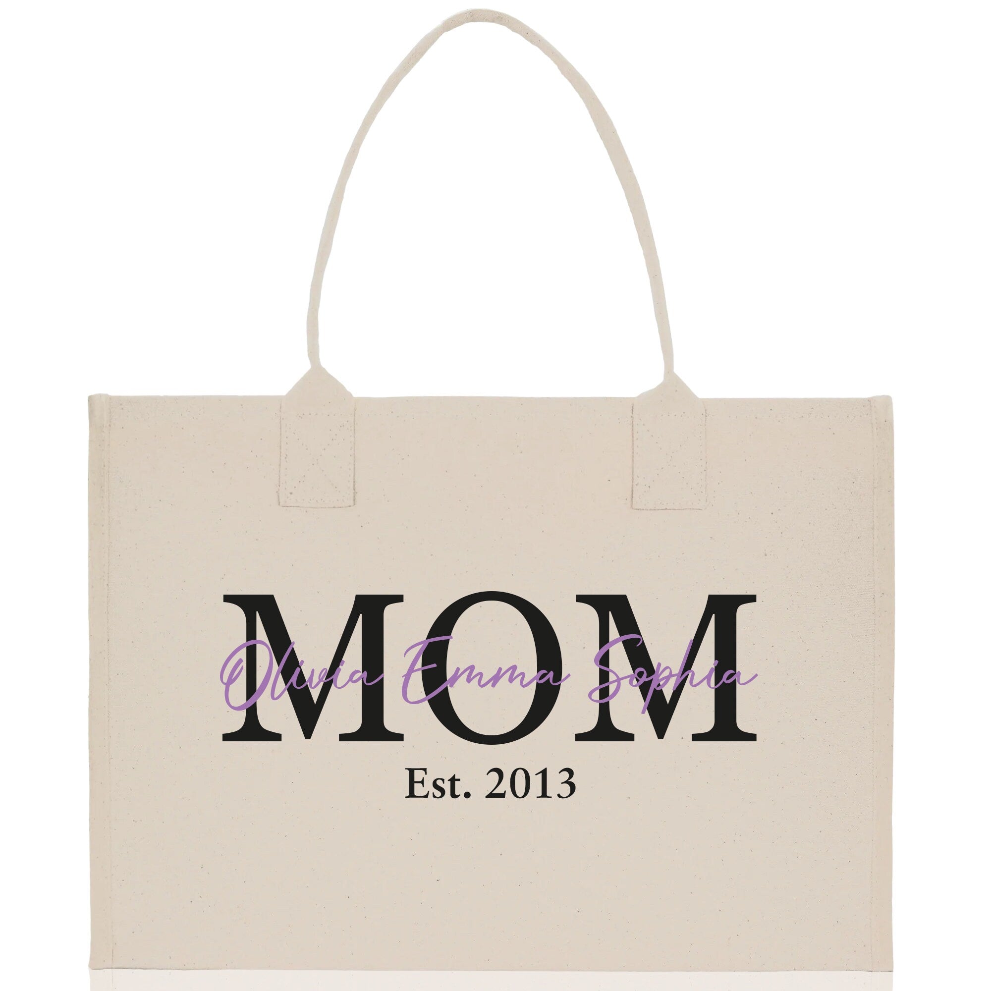 a white bag with the word mom on it
