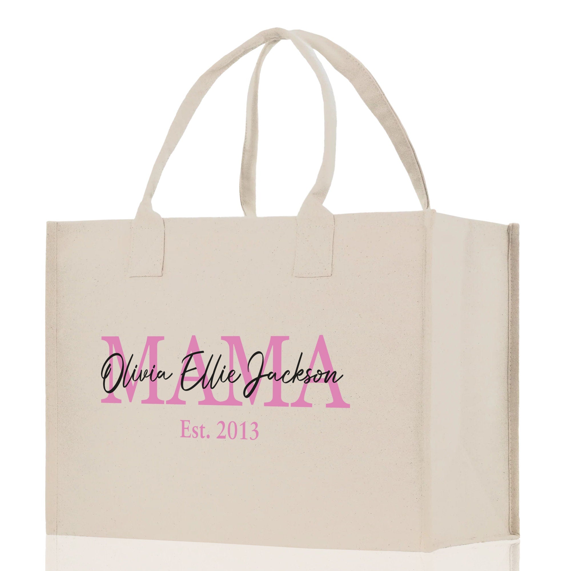 a white shopping bag with a pink logo