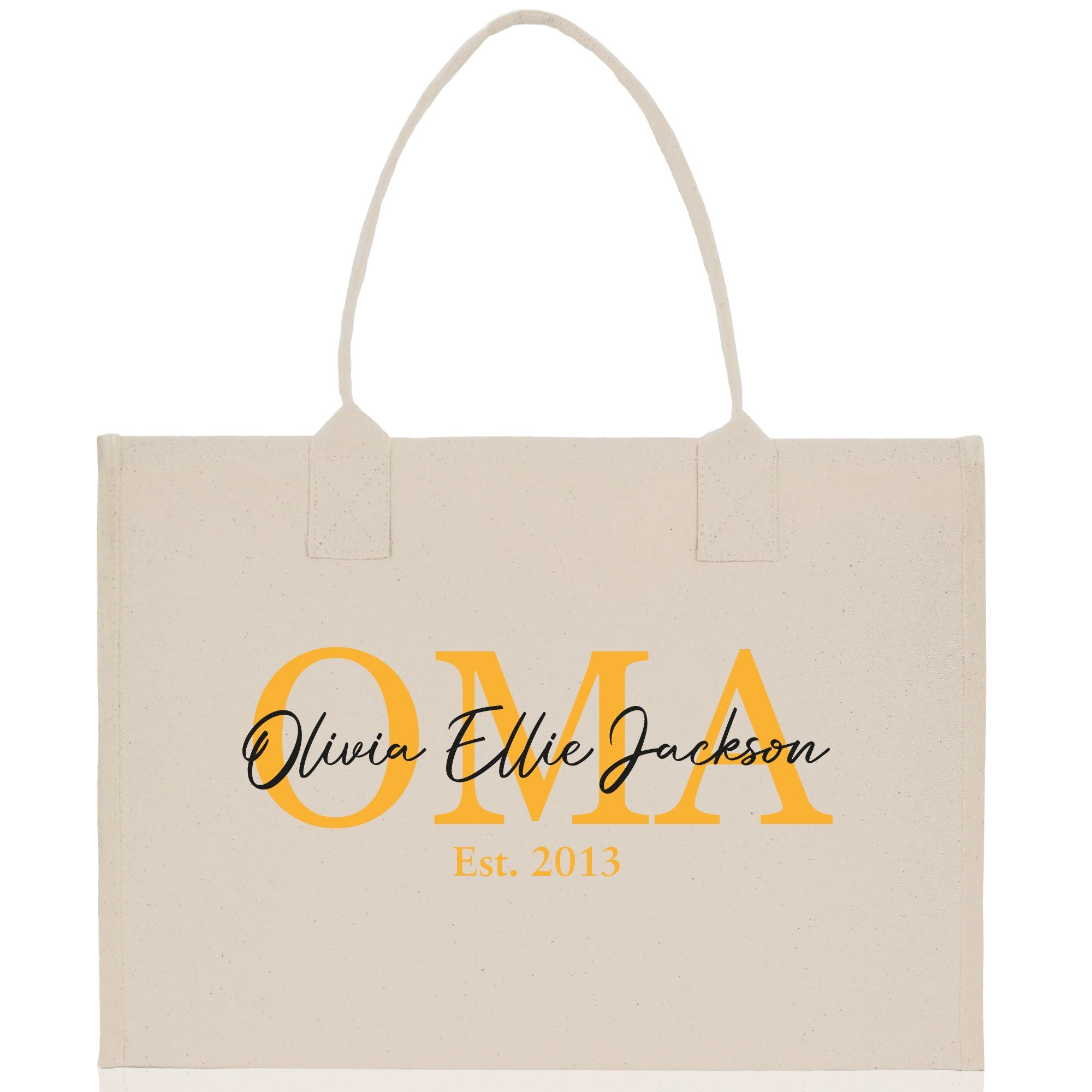 a white bag with a yellow oma on it