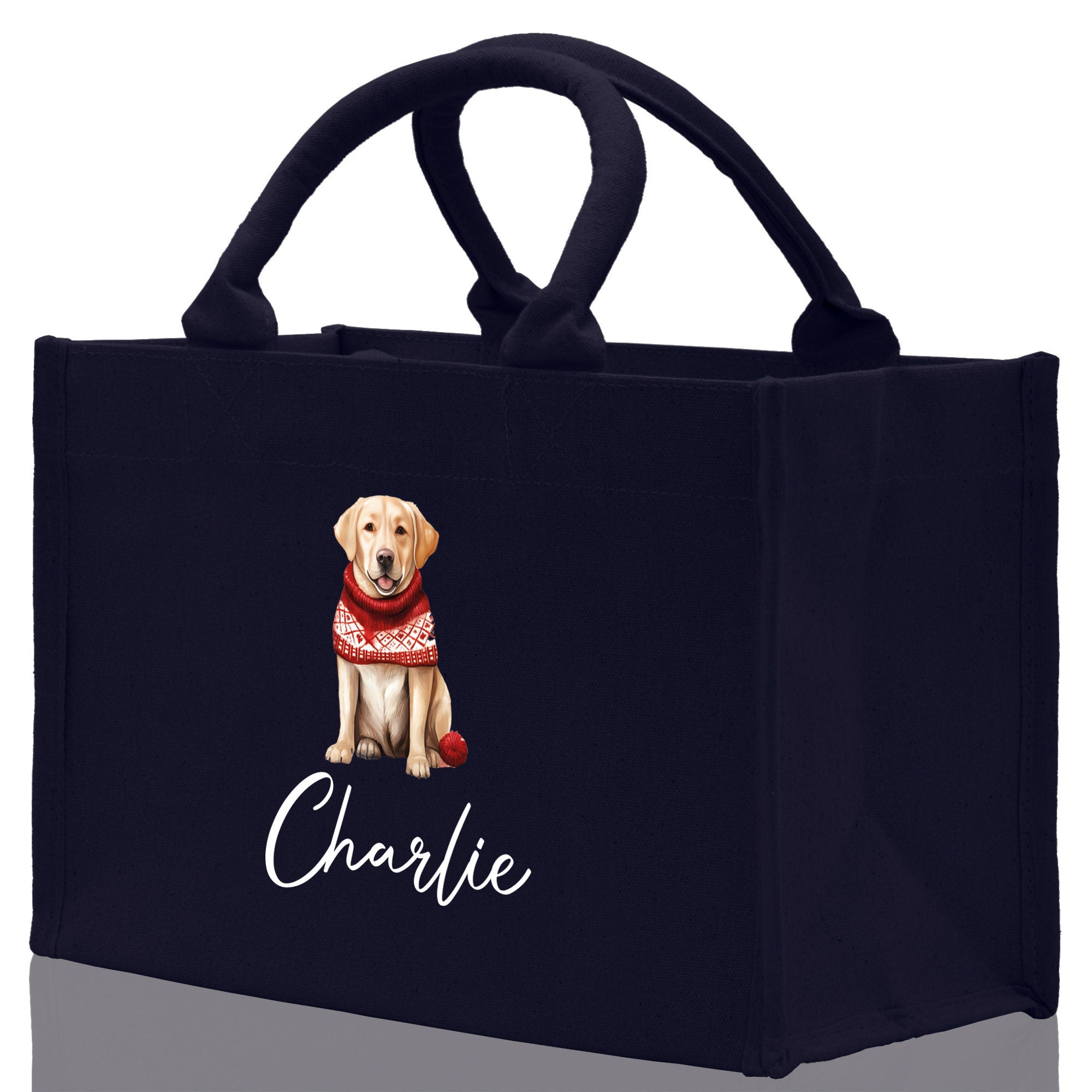 a black shopping bag with a picture of a dog wearing a scarf