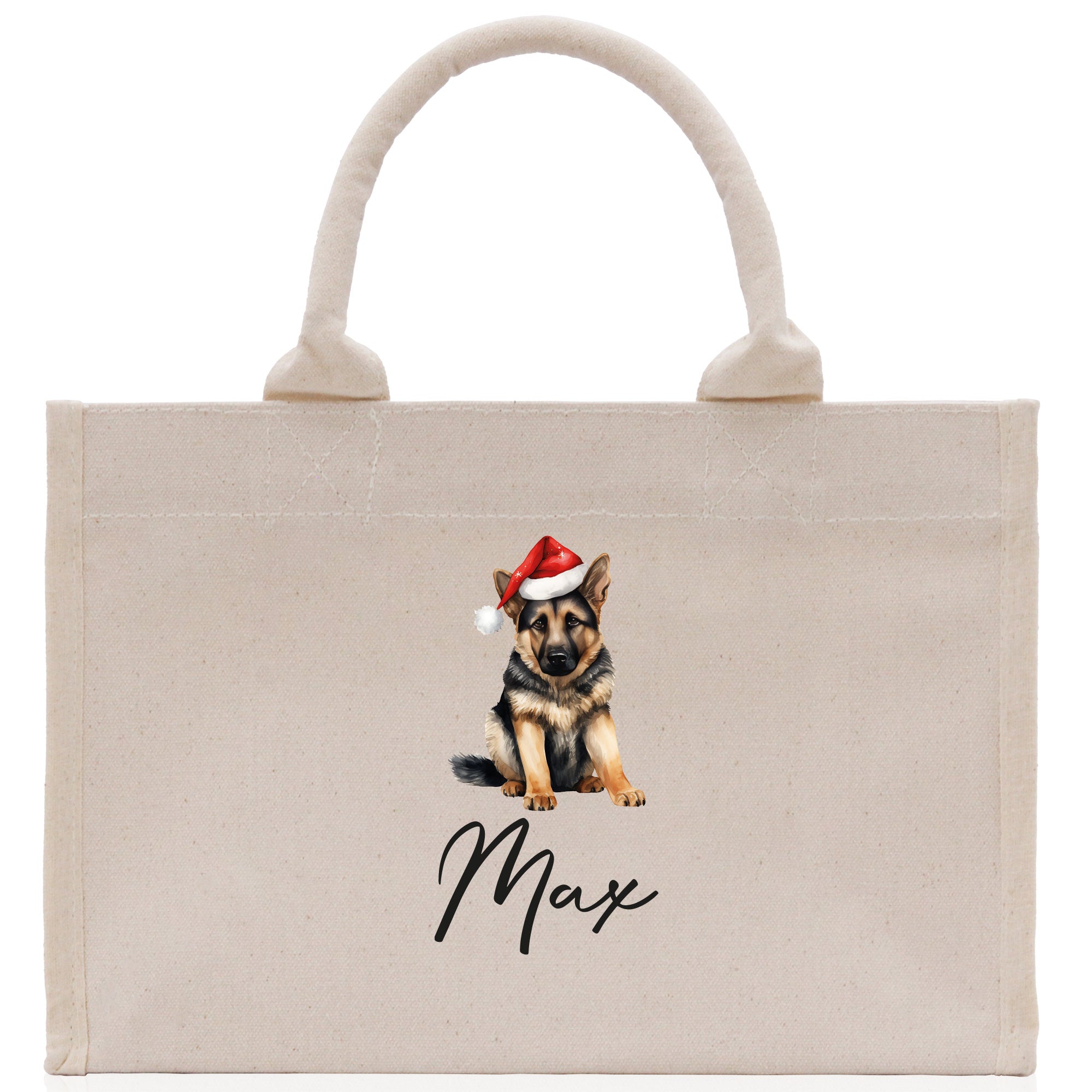 a canvas bag with a german shepard dog wearing a santa hat