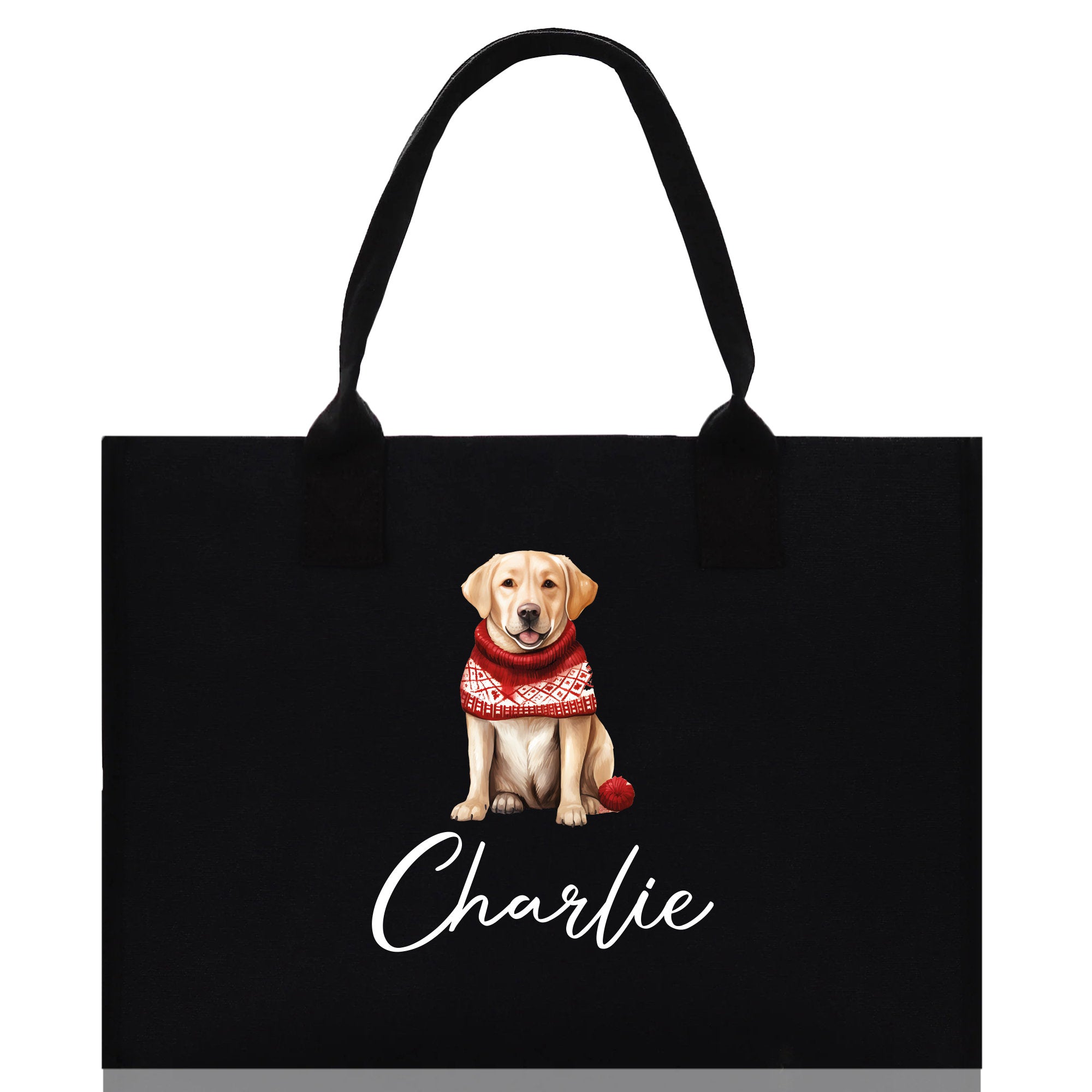 a black shopping bag with a dog wearing a scarf