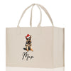 a bag with a dog wearing a santa hat