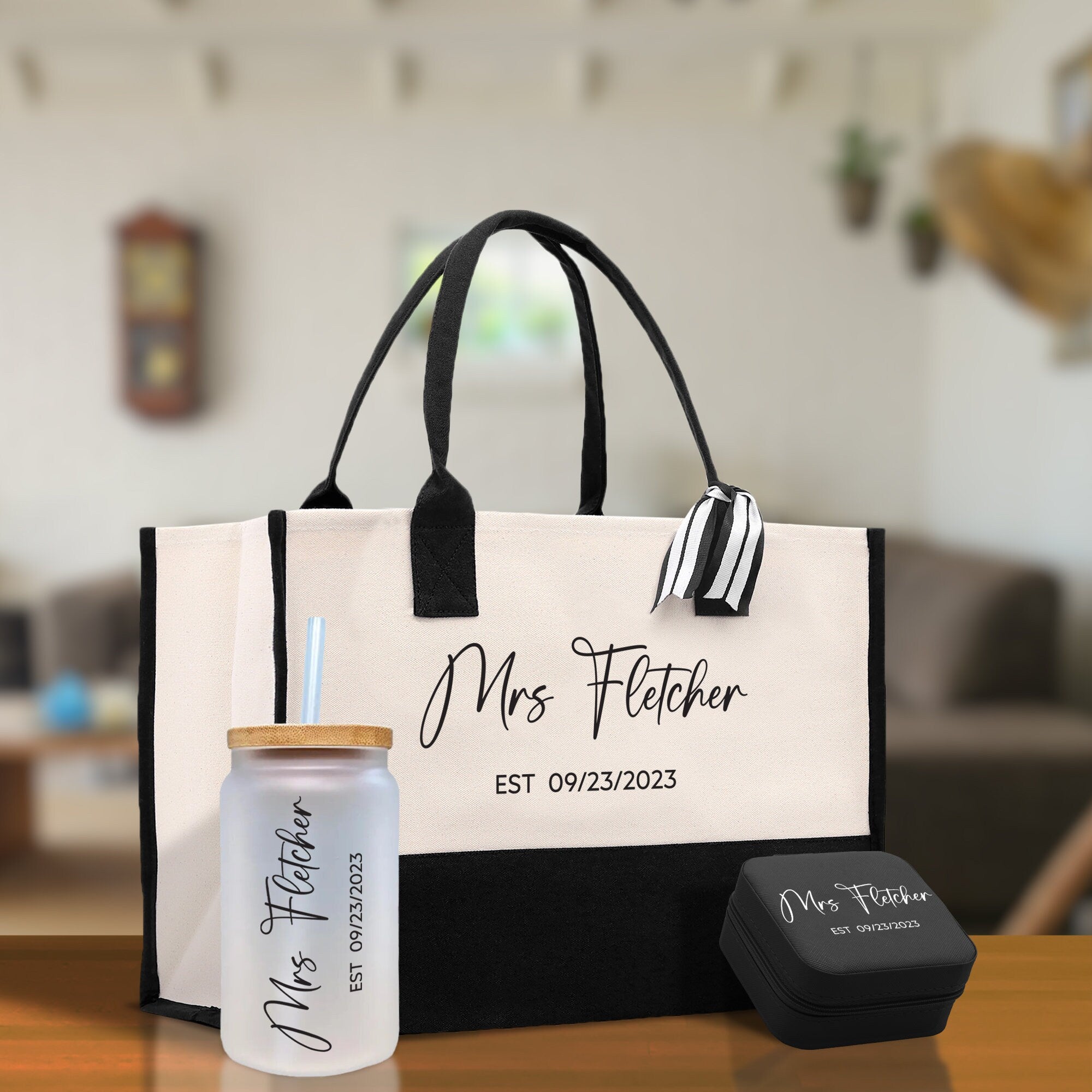 Mrs. Last Name Est Year Tote Bag Personalized Date Wedding Tote Bridal Shower Gift Honeymoon Gift Customized Wedding Gift Bridesmaid Gift