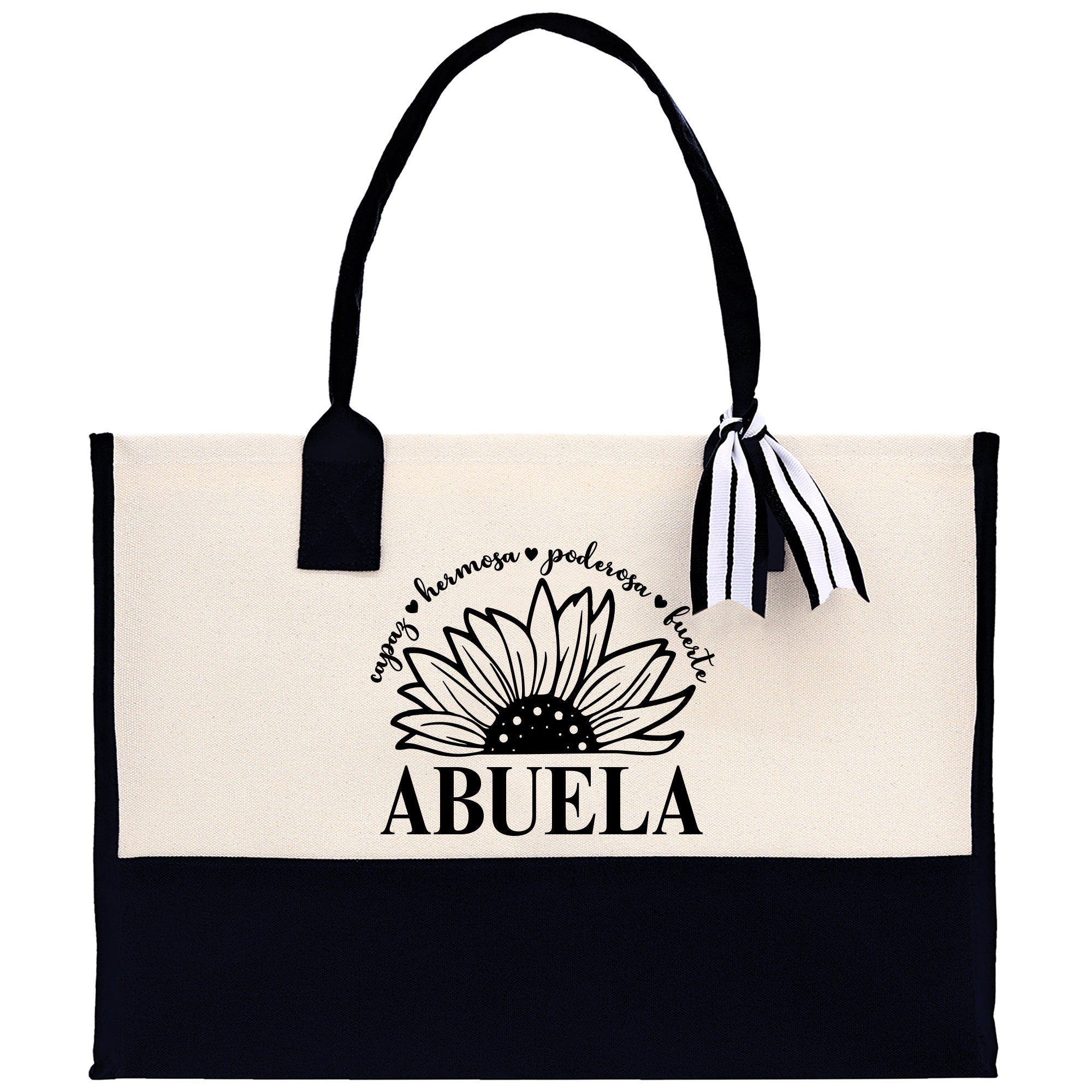 a black and white bag with a flower on it
