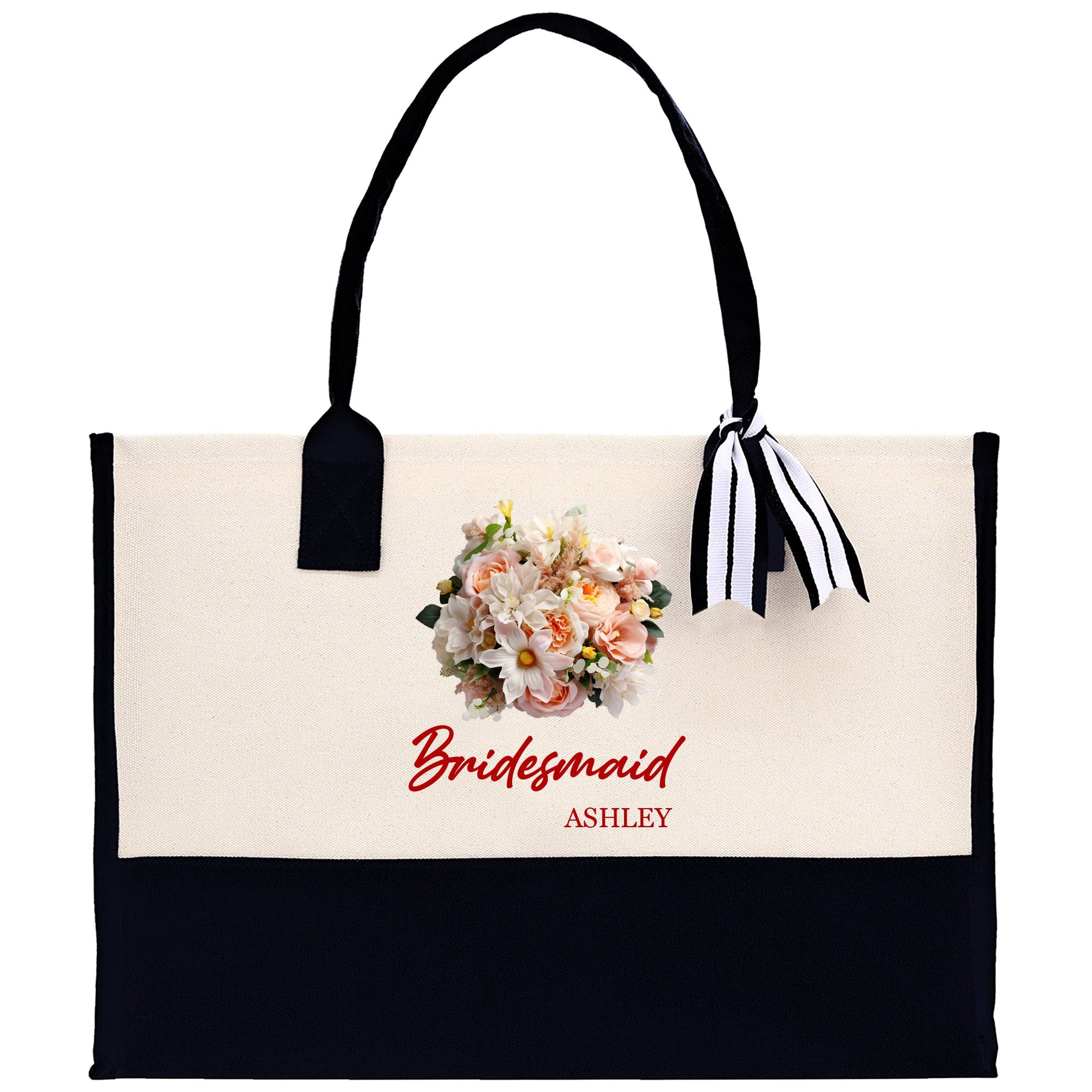 a black and white bag with flowers on it