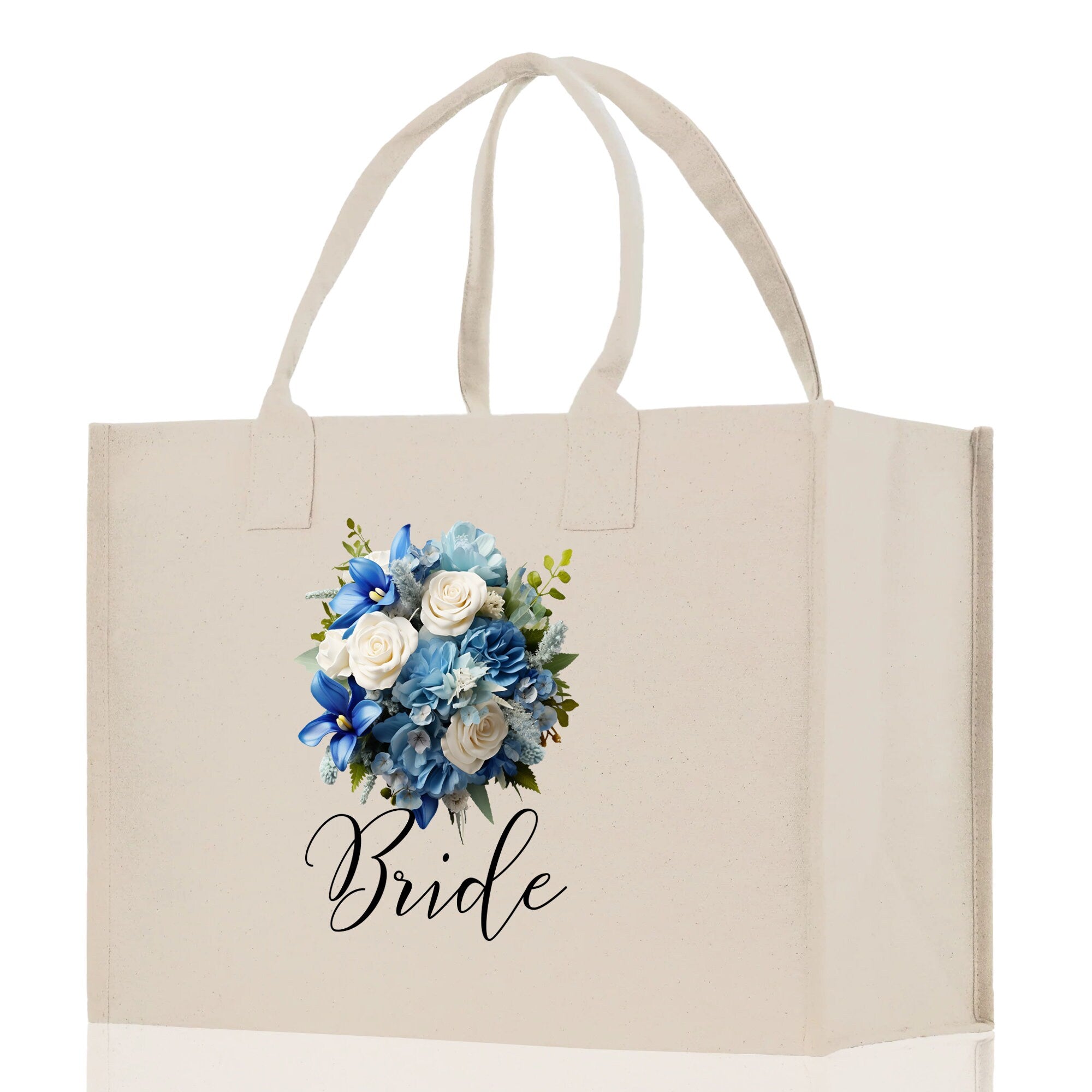 a white bag with a bouquet of flowers on it