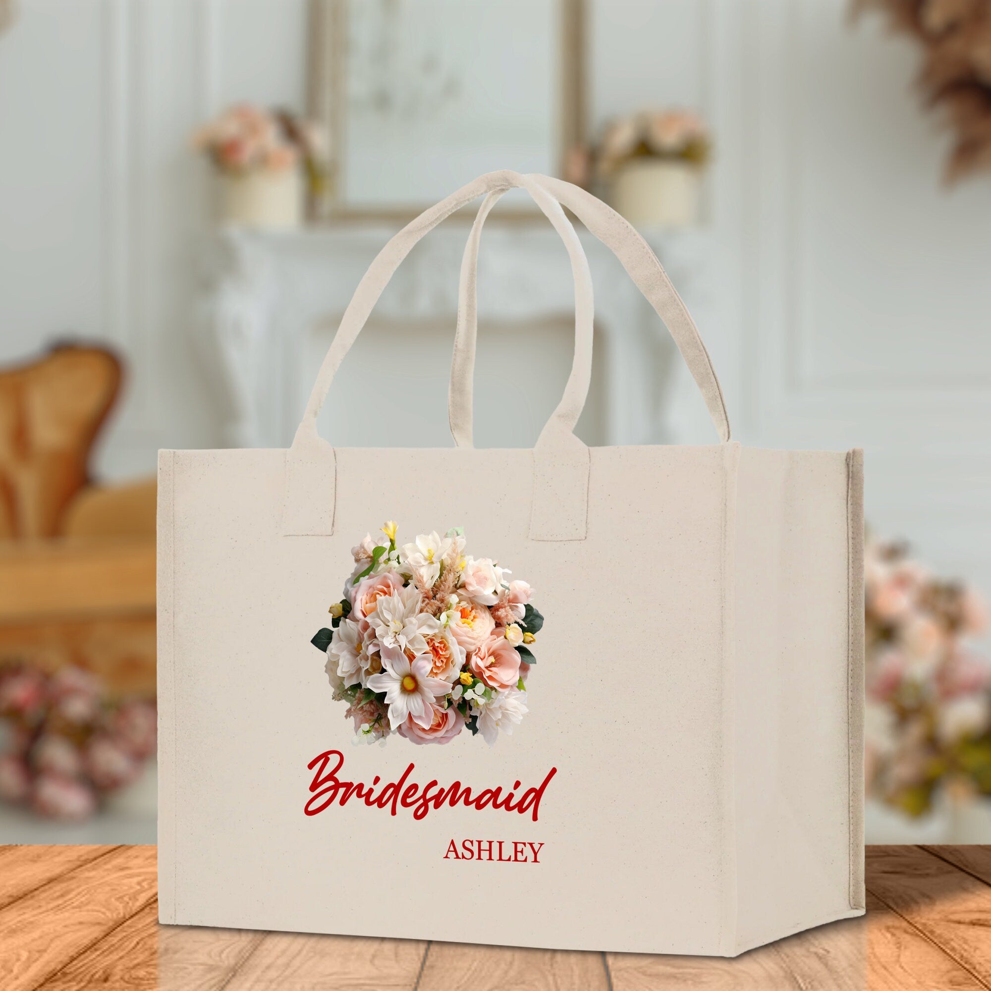 a white bag with a bouquet of flowers on it