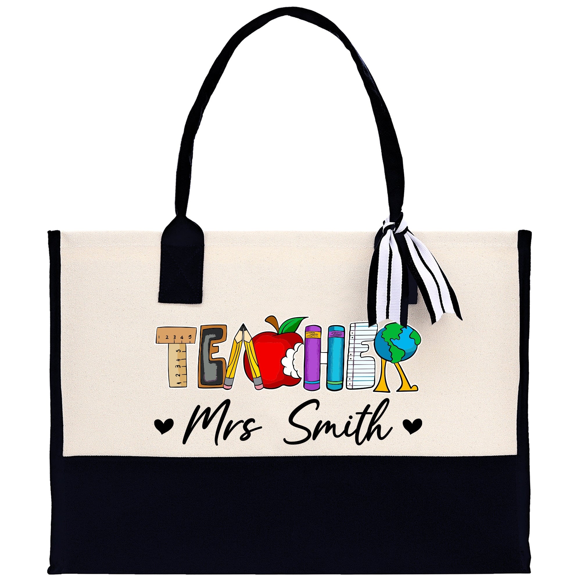 a black and white bag with a teacher&#39;s apple on it