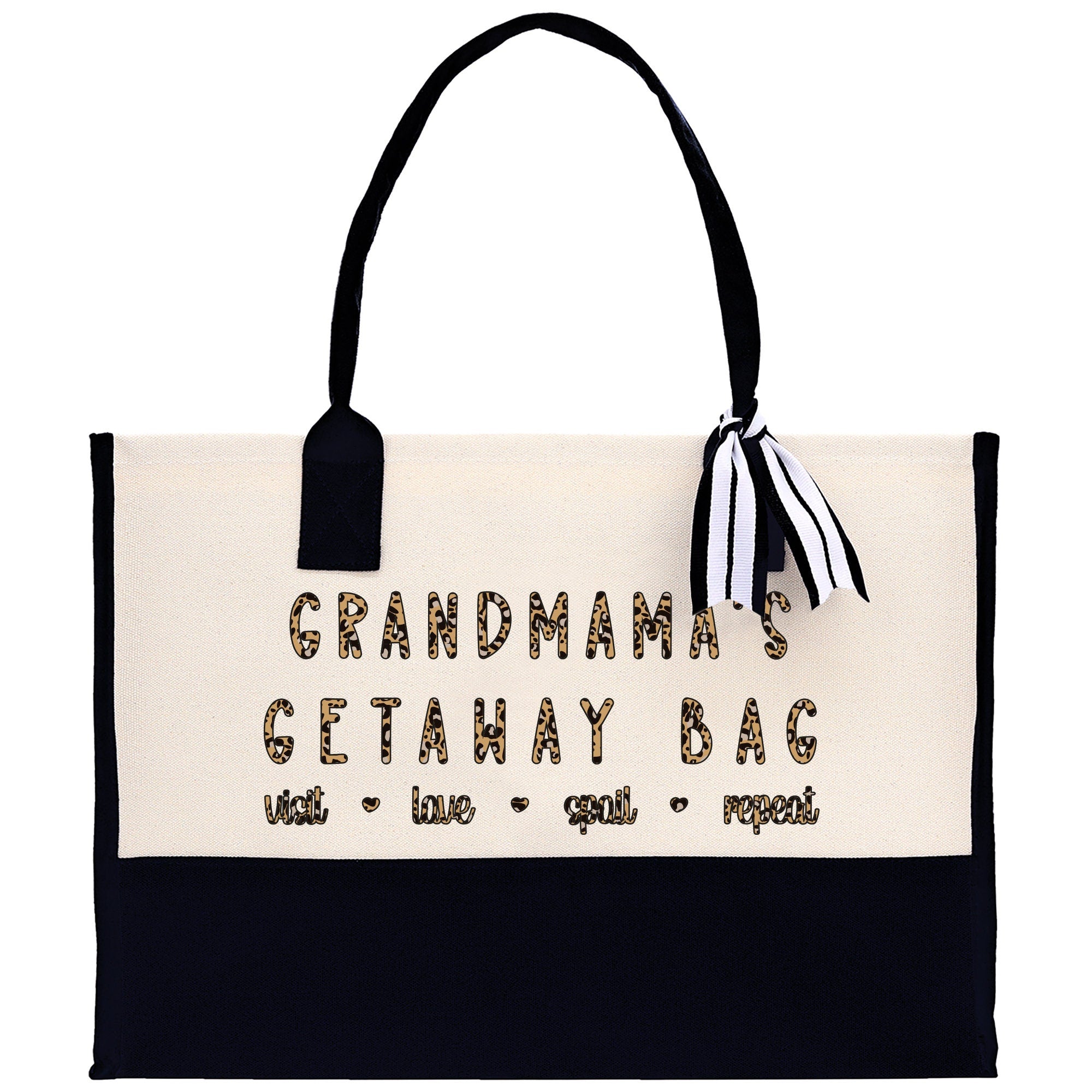 a black and white bag with the words grandma&#39;s getaway bag on it