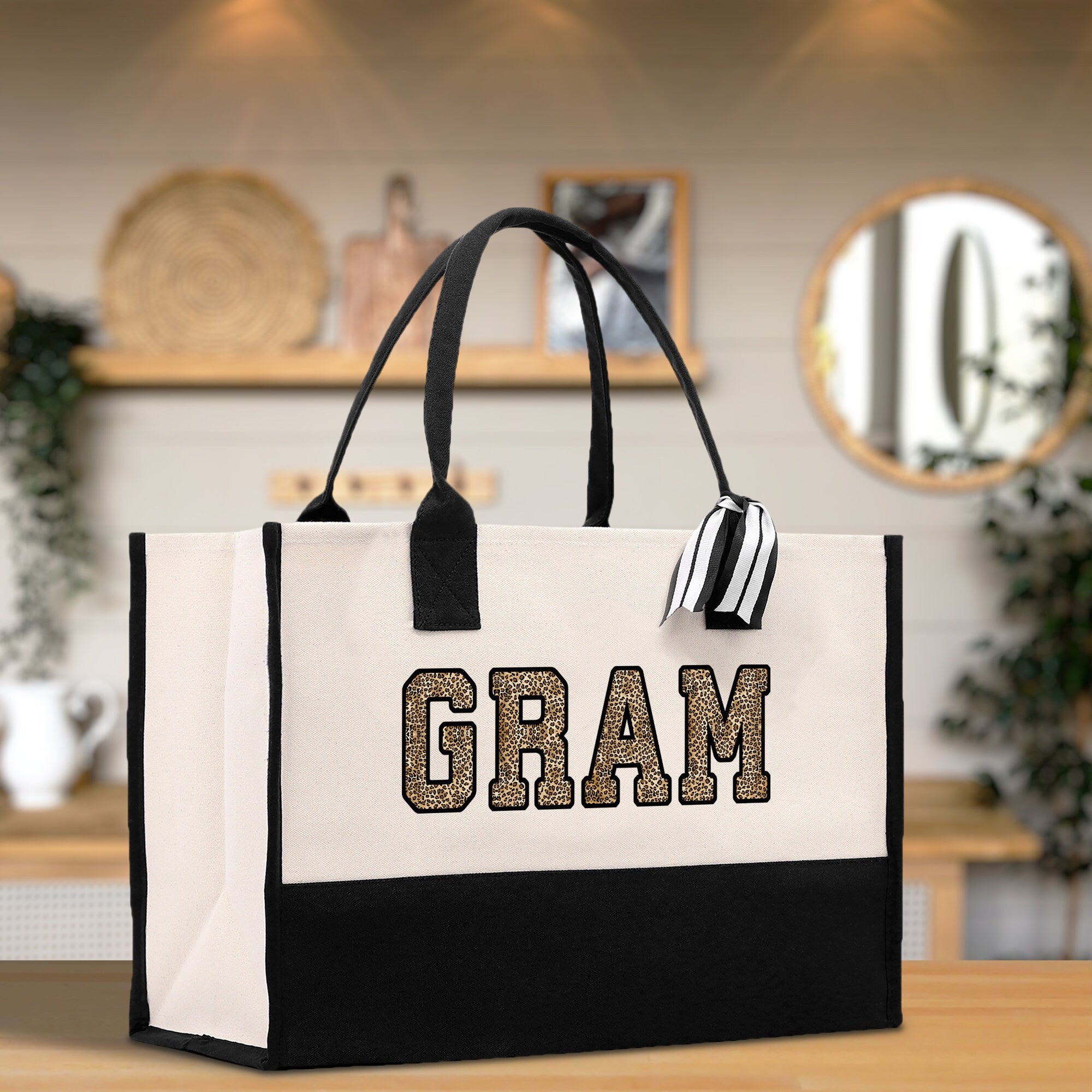 a black and white bag sitting on top of a table