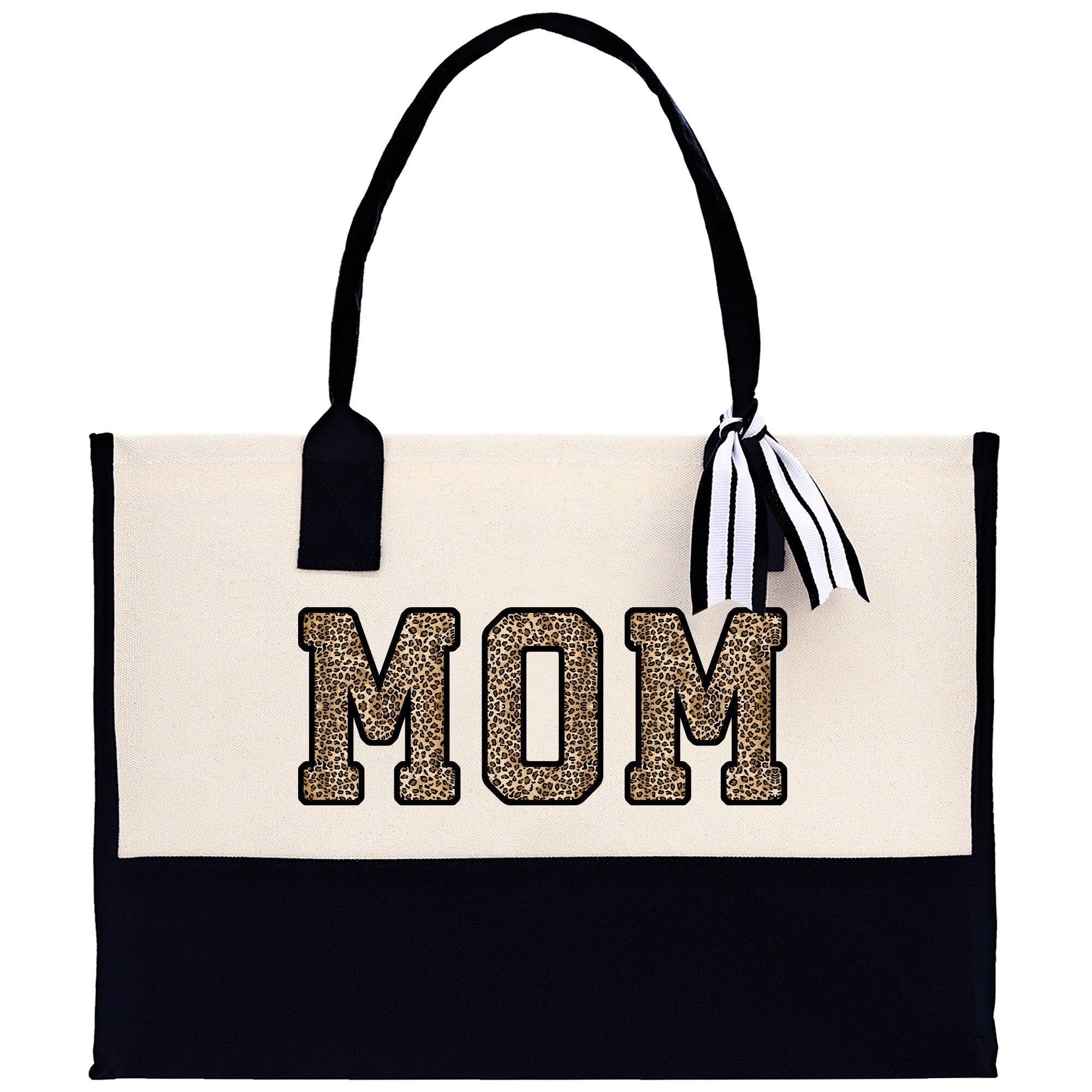 a black and white bag with a mom on it