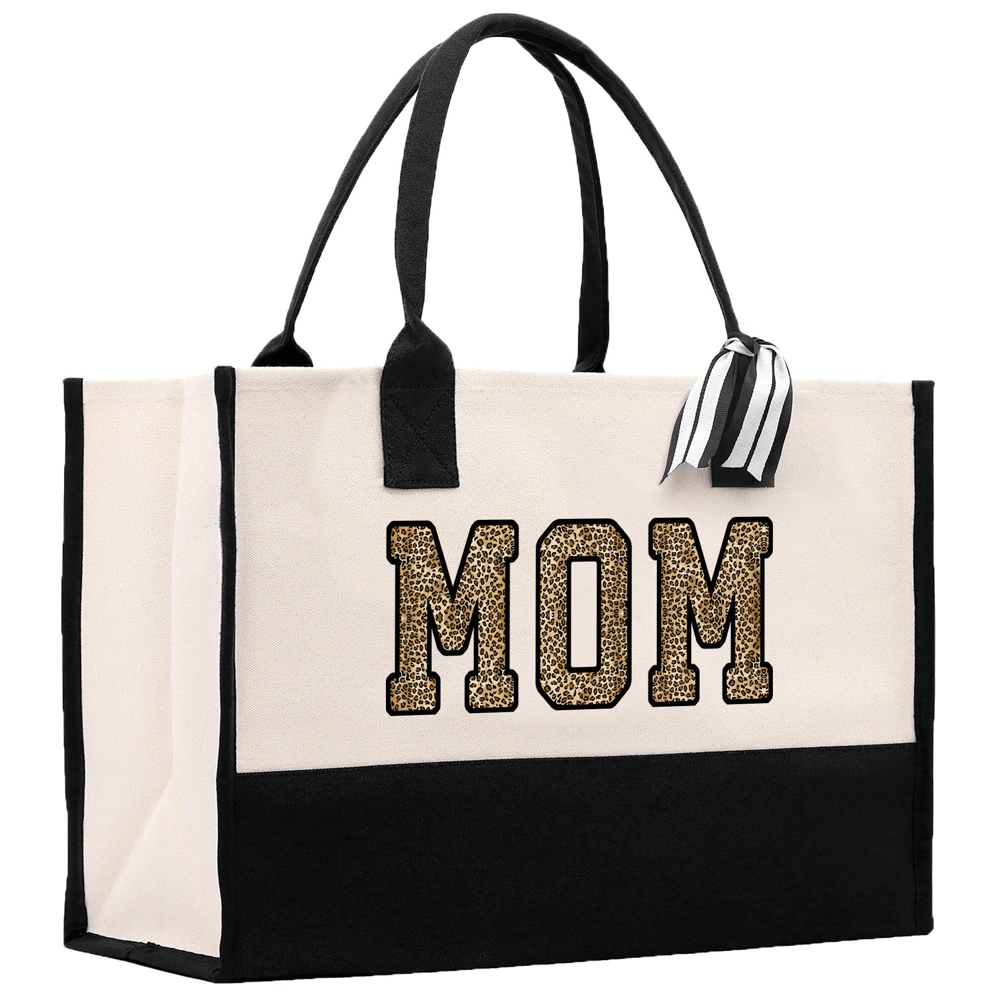 a black and white tote bag with the word mom printed on it