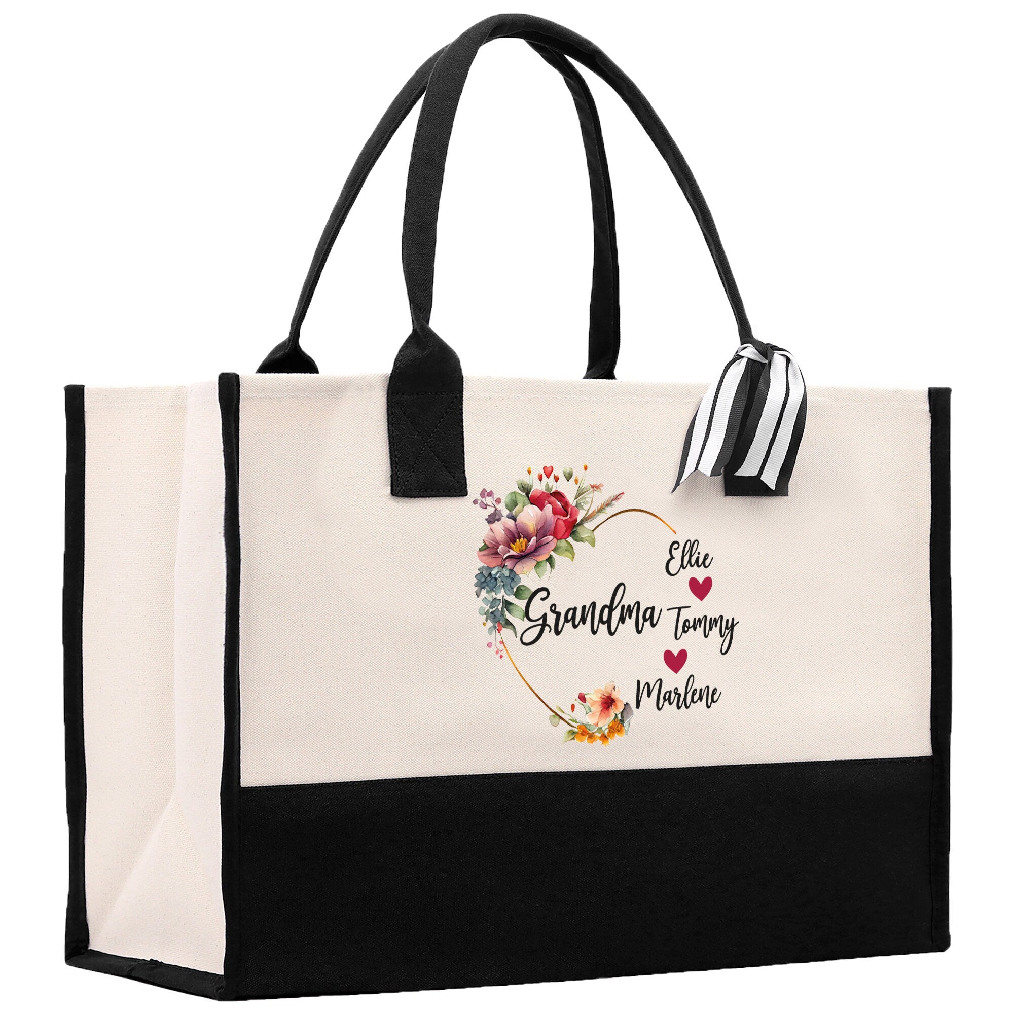 a black and white bag with a floral design