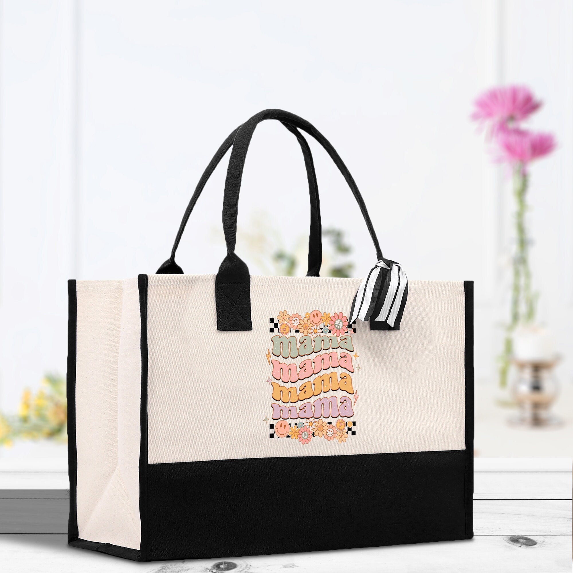 a black and white bag with a design on it