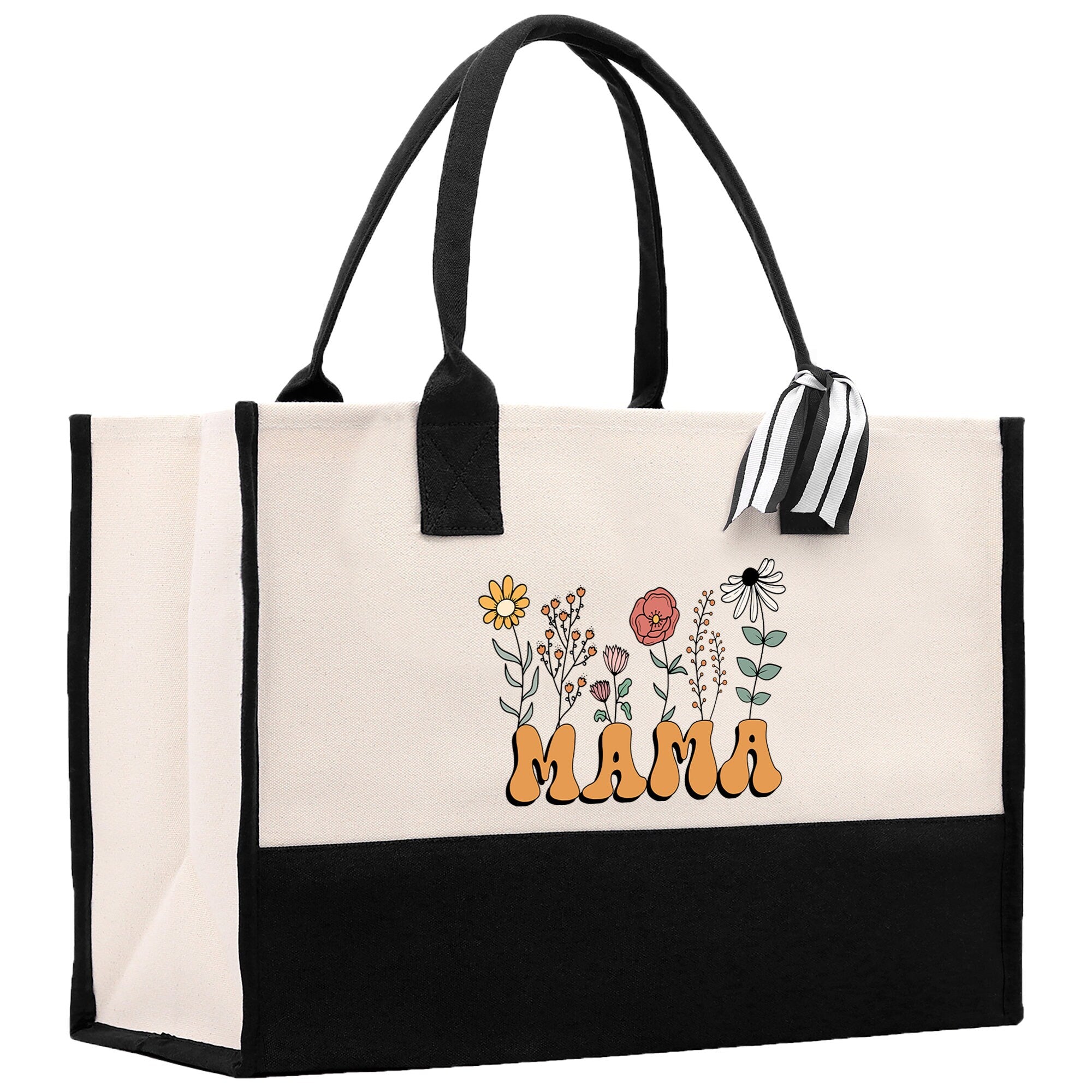 a black and white tote bag with a flower design