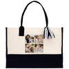 a black and white tote bag with pictures of people